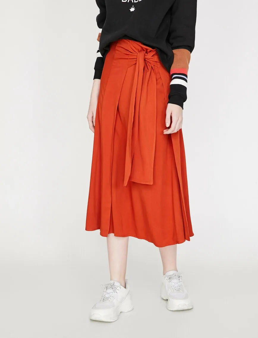 12252 Red Tie Waist Midi Skirt