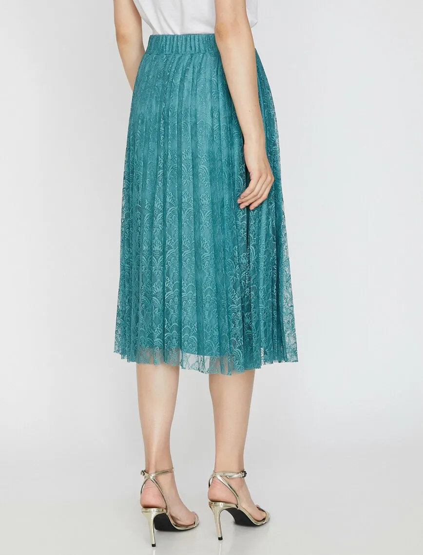 12268 Blue Lace Detailed Midi Skirt