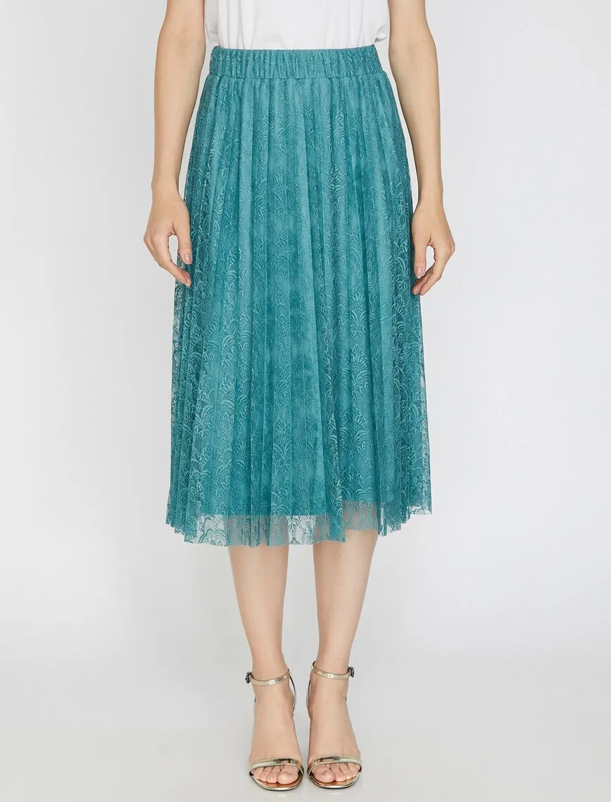 12268 Blue Lace Detailed Midi Skirt