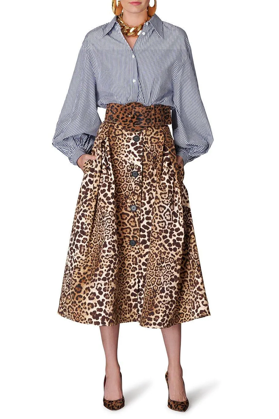 A-Line Button Front Midi Skirt