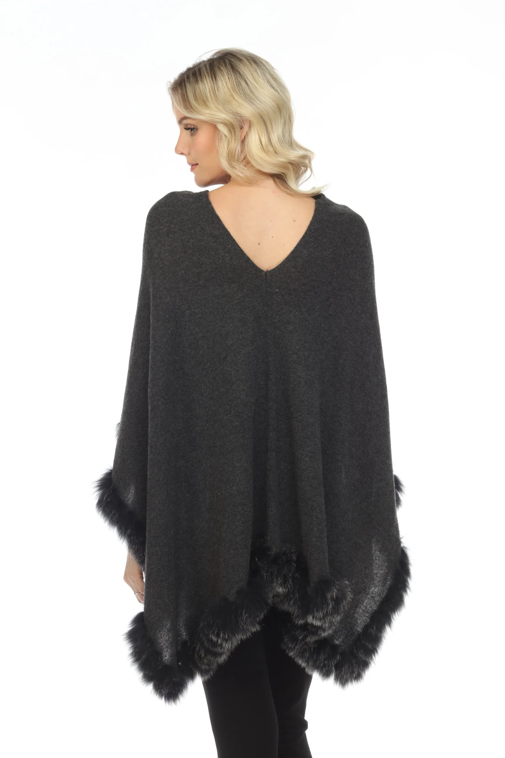Alashan Luxe 100% Cashmere Flutter Fox Trim Topper Poncho LXF9317