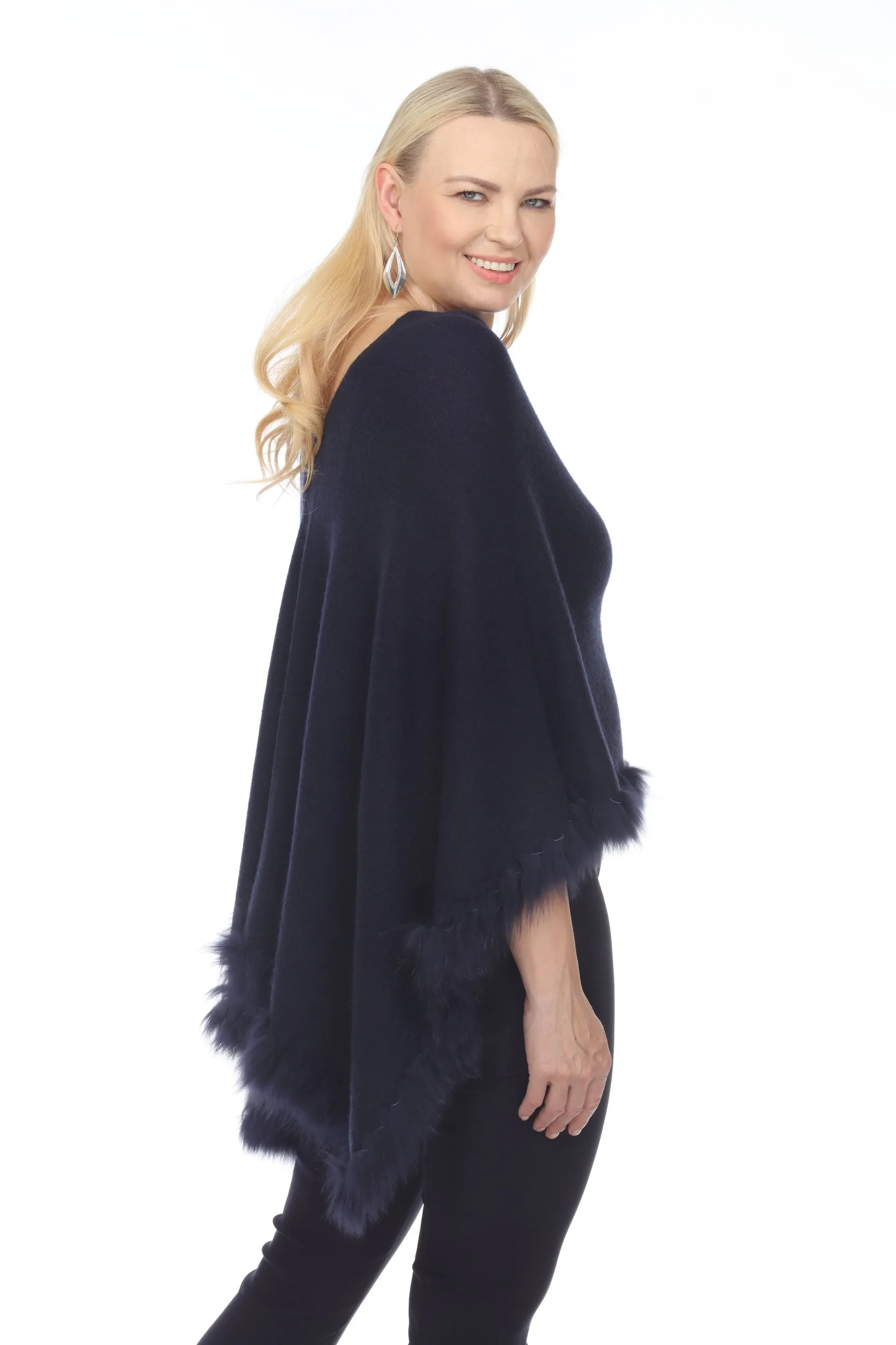 Alashan Luxe 100% Cashmere Flutter Fox Trim Topper Poncho LXF9317