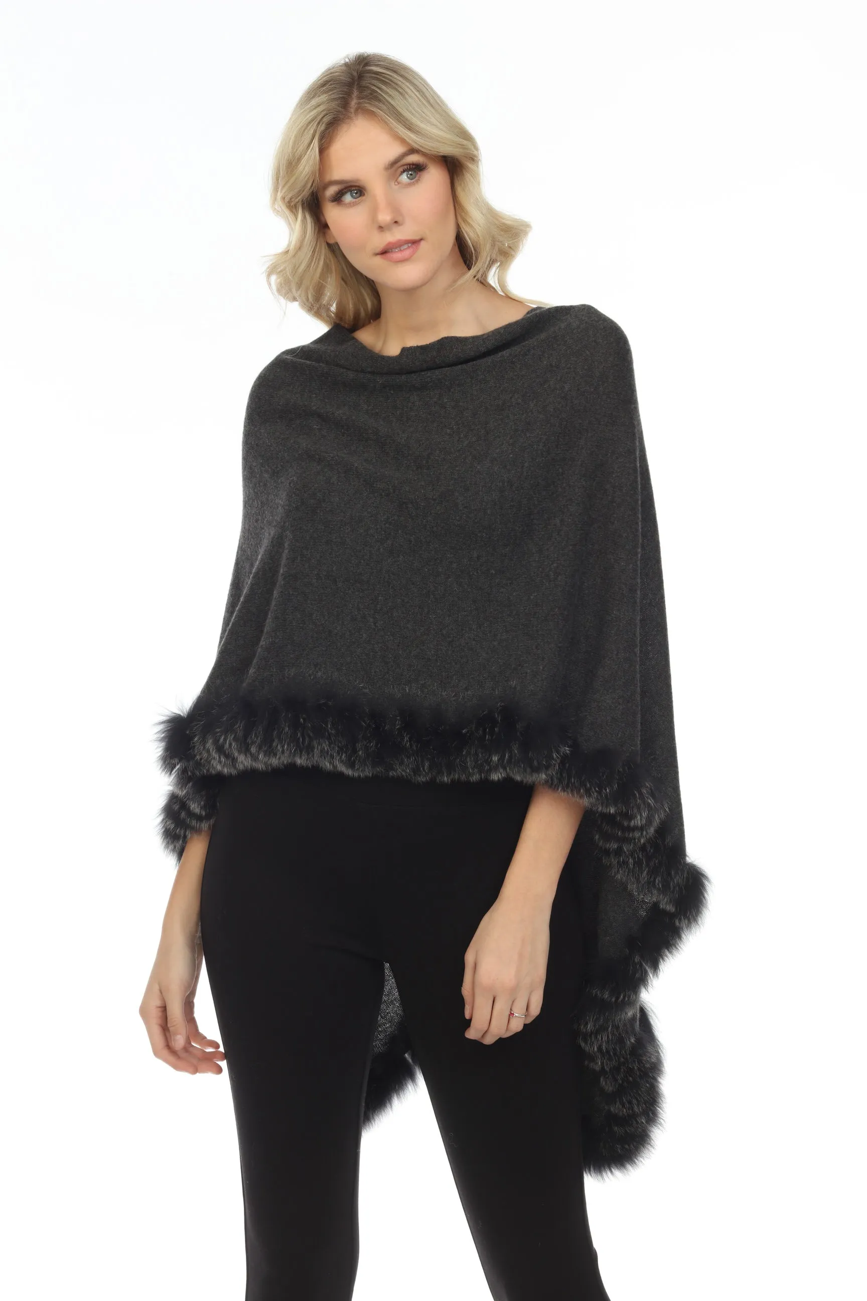 Alashan Luxe 100% Cashmere Flutter Fox Trim Topper Poncho LXF9317