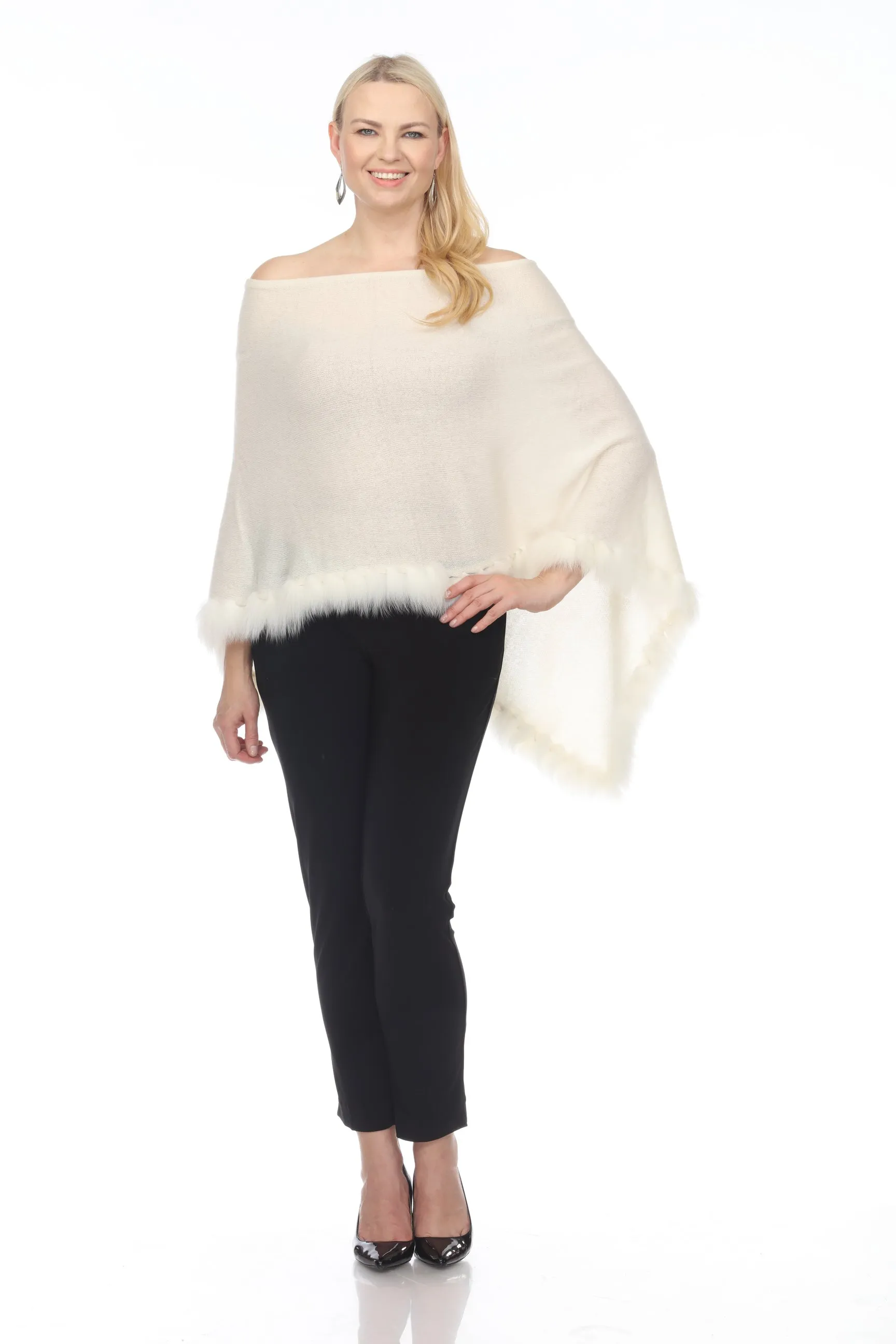 Alashan Luxe 100% Cashmere Flutter Fox Trim Topper Poncho LXF9317