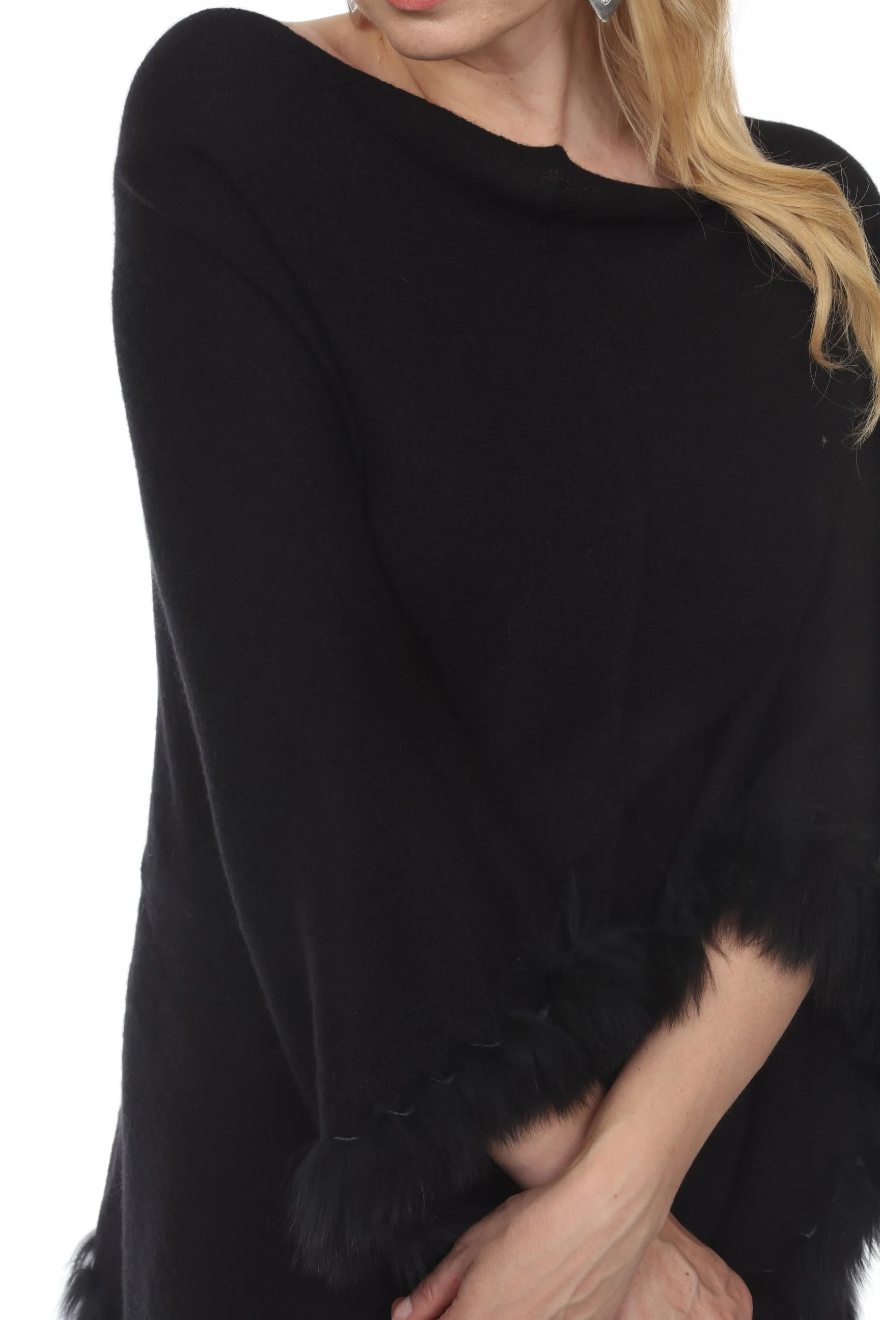 Alashan Luxe 100% Cashmere Flutter Fox Trim Topper Poncho LXF9317