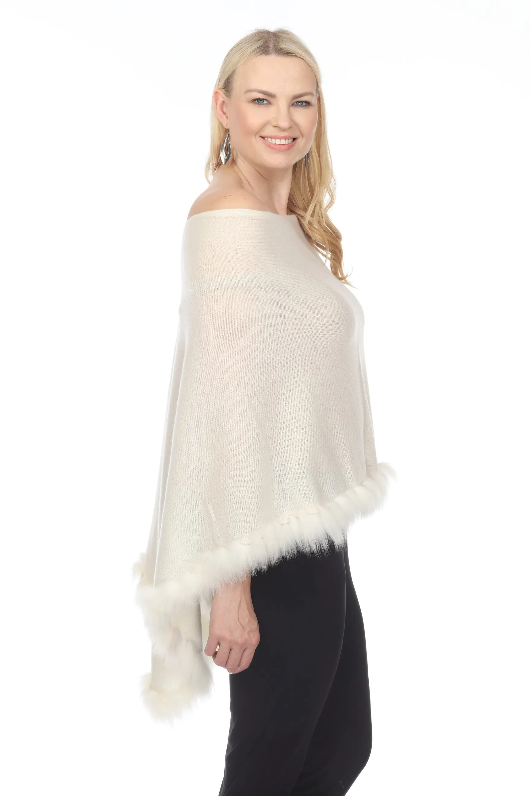 Alashan Luxe 100% Cashmere Flutter Fox Trim Topper Poncho LXF9317