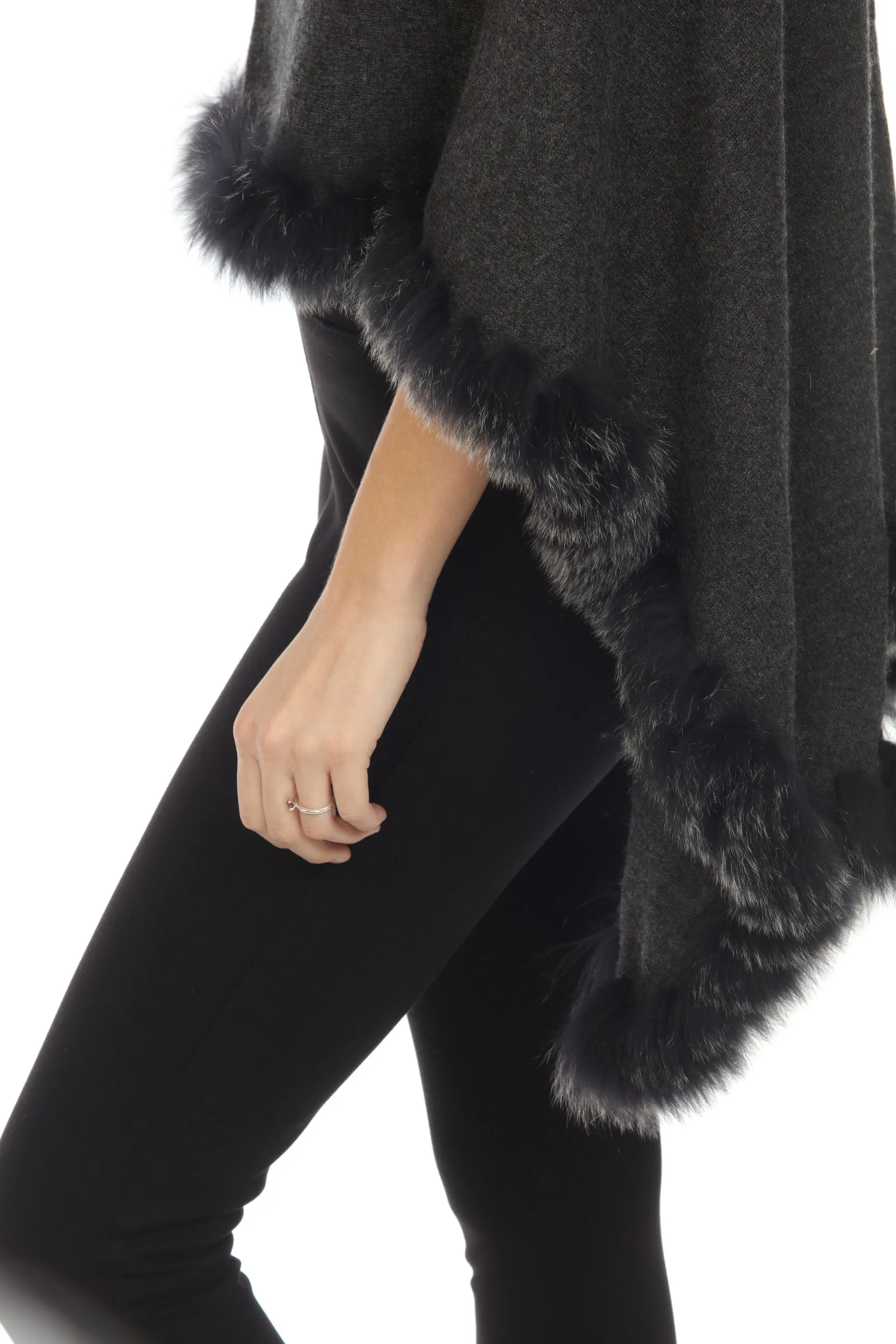 Alashan Luxe 100% Cashmere Flutter Fox Trim Topper Poncho LXF9317