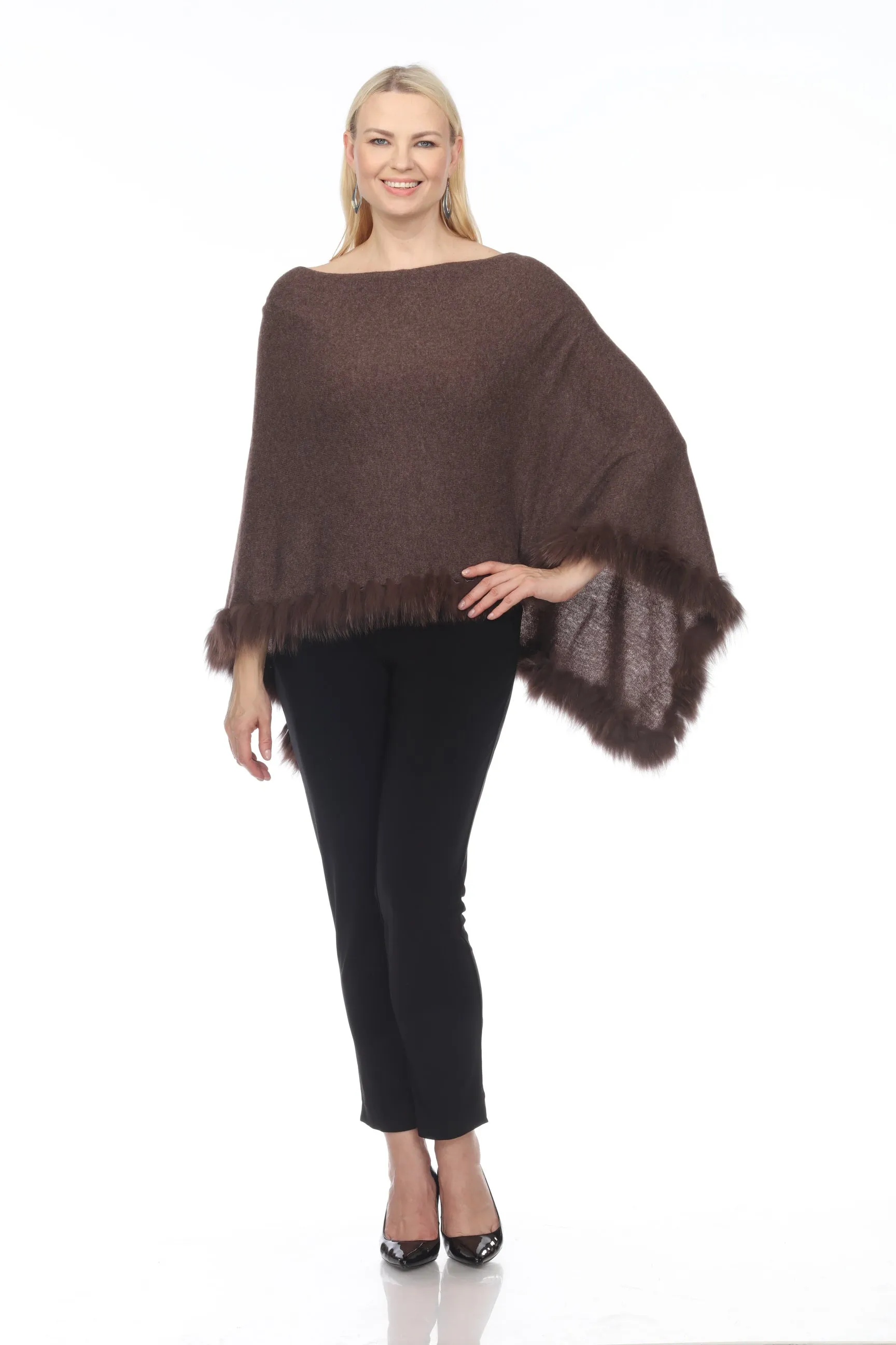 Alashan Luxe 100% Cashmere Flutter Fox Trim Topper Poncho LXF9317