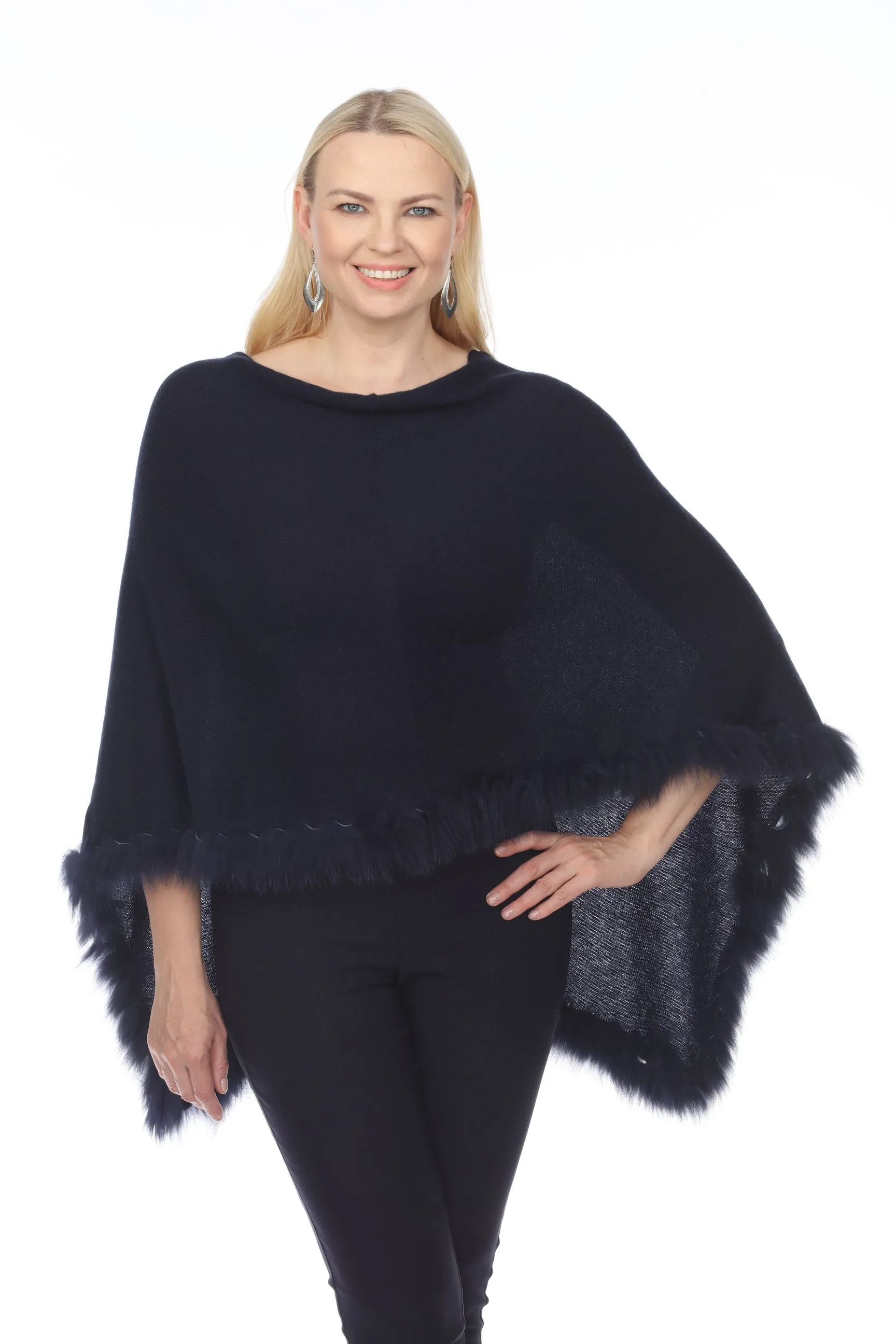 Alashan Luxe 100% Cashmere Flutter Fox Trim Topper Poncho LXF9317