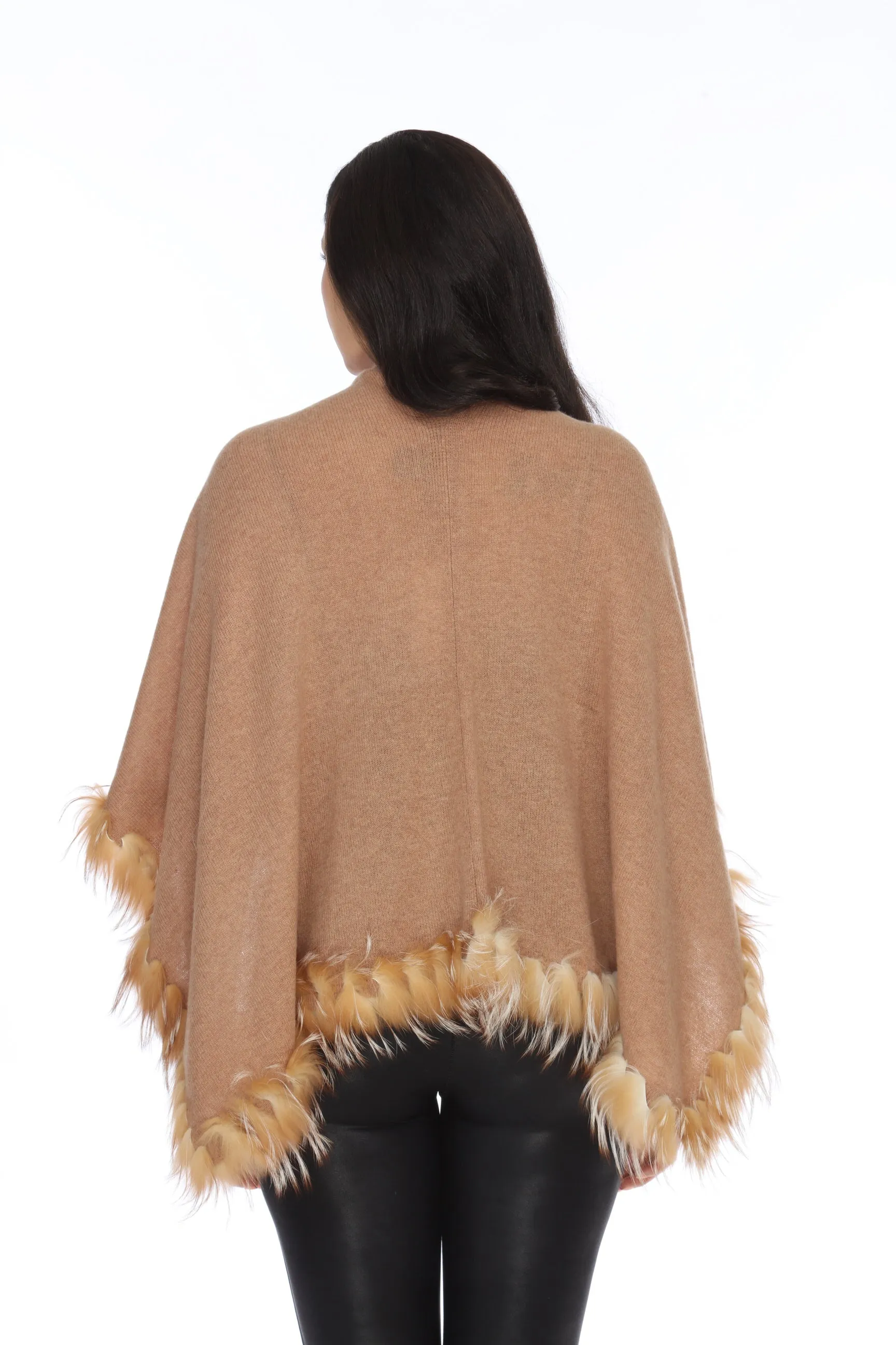 Alashan Luxe 100% Cashmere Flutter Fox Trim Topper Poncho LXF9317