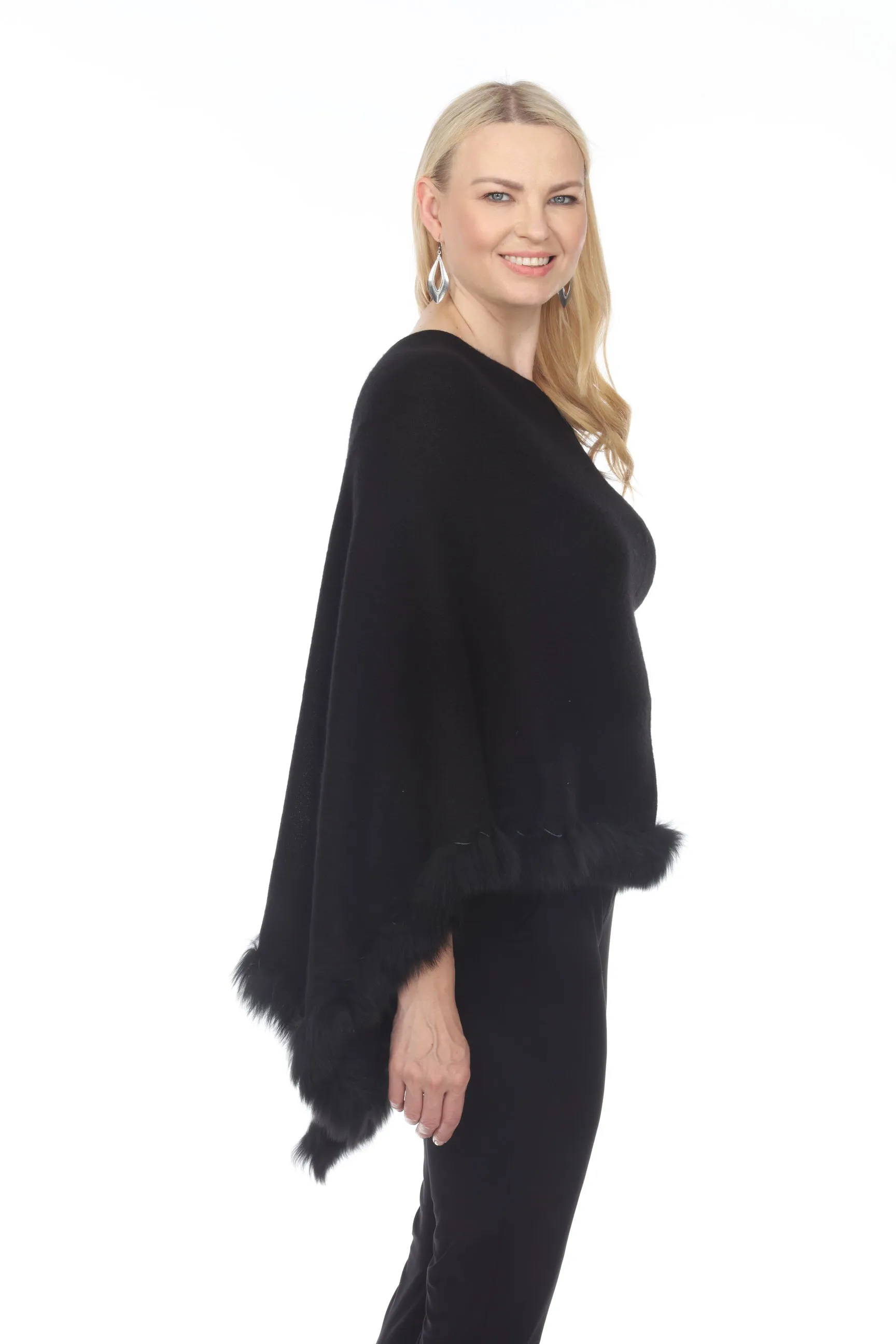 Alashan Luxe 100% Cashmere Flutter Fox Trim Topper Poncho LXF9317