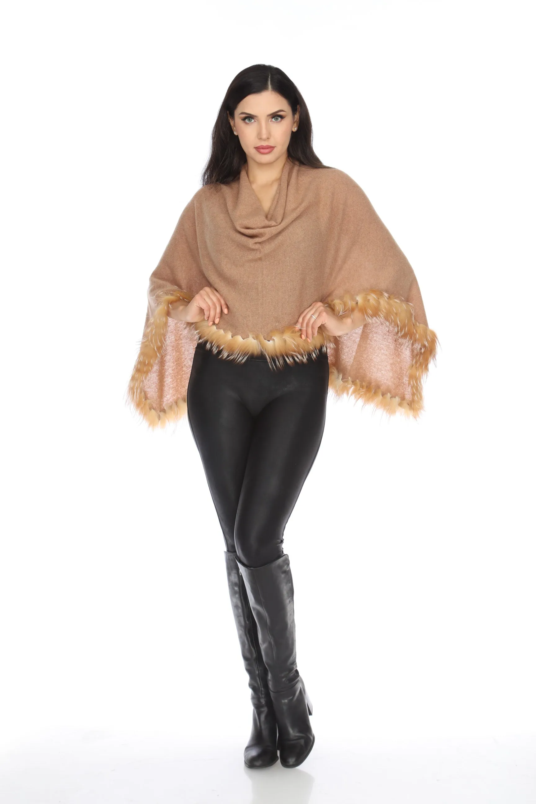 Alashan Luxe 100% Cashmere Flutter Fox Trim Topper Poncho LXF9317