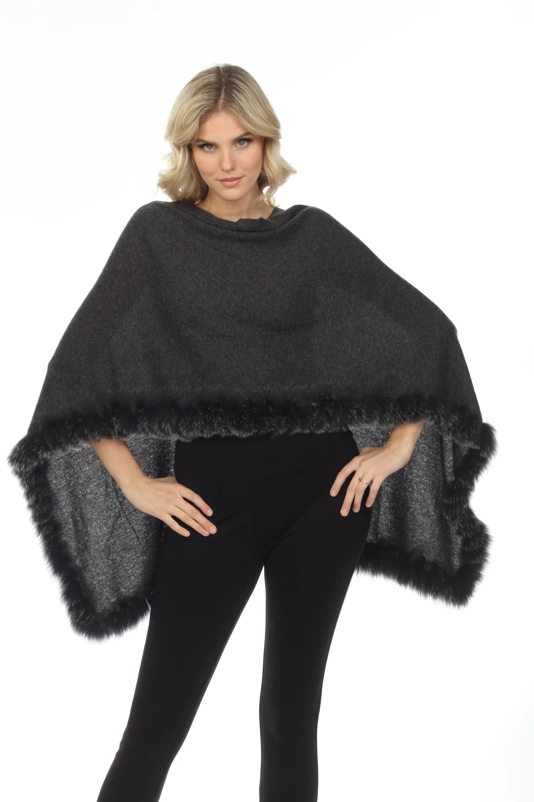 Alashan Luxe 100% Cashmere Flutter Fox Trim Topper Poncho LXF9317