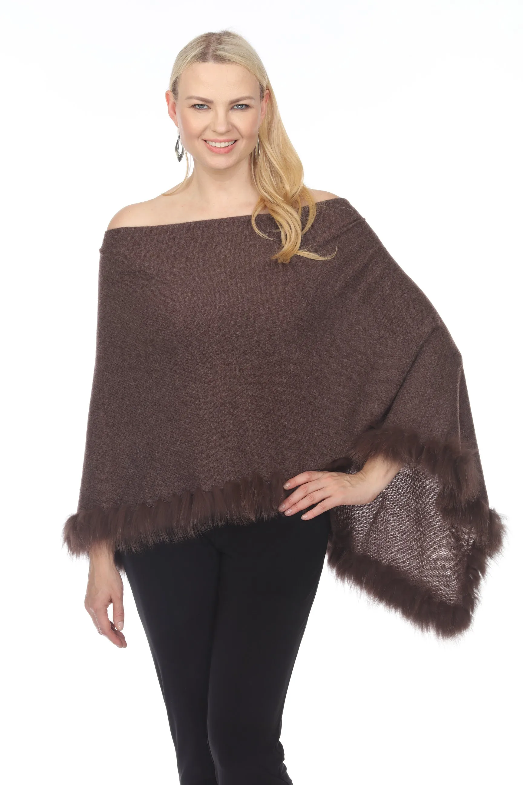 Alashan Luxe 100% Cashmere Flutter Fox Trim Topper Poncho LXF9317