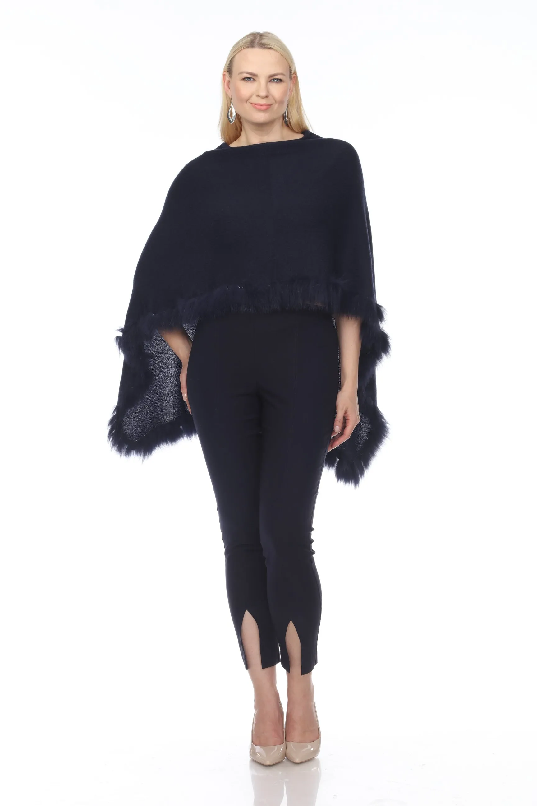 Alashan Luxe 100% Cashmere Flutter Fox Trim Topper Poncho LXF9317