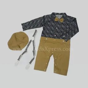 B.B Contrast   Top  4 Piece Khaki Romper Set With Bow , Gallance & Cap  10297