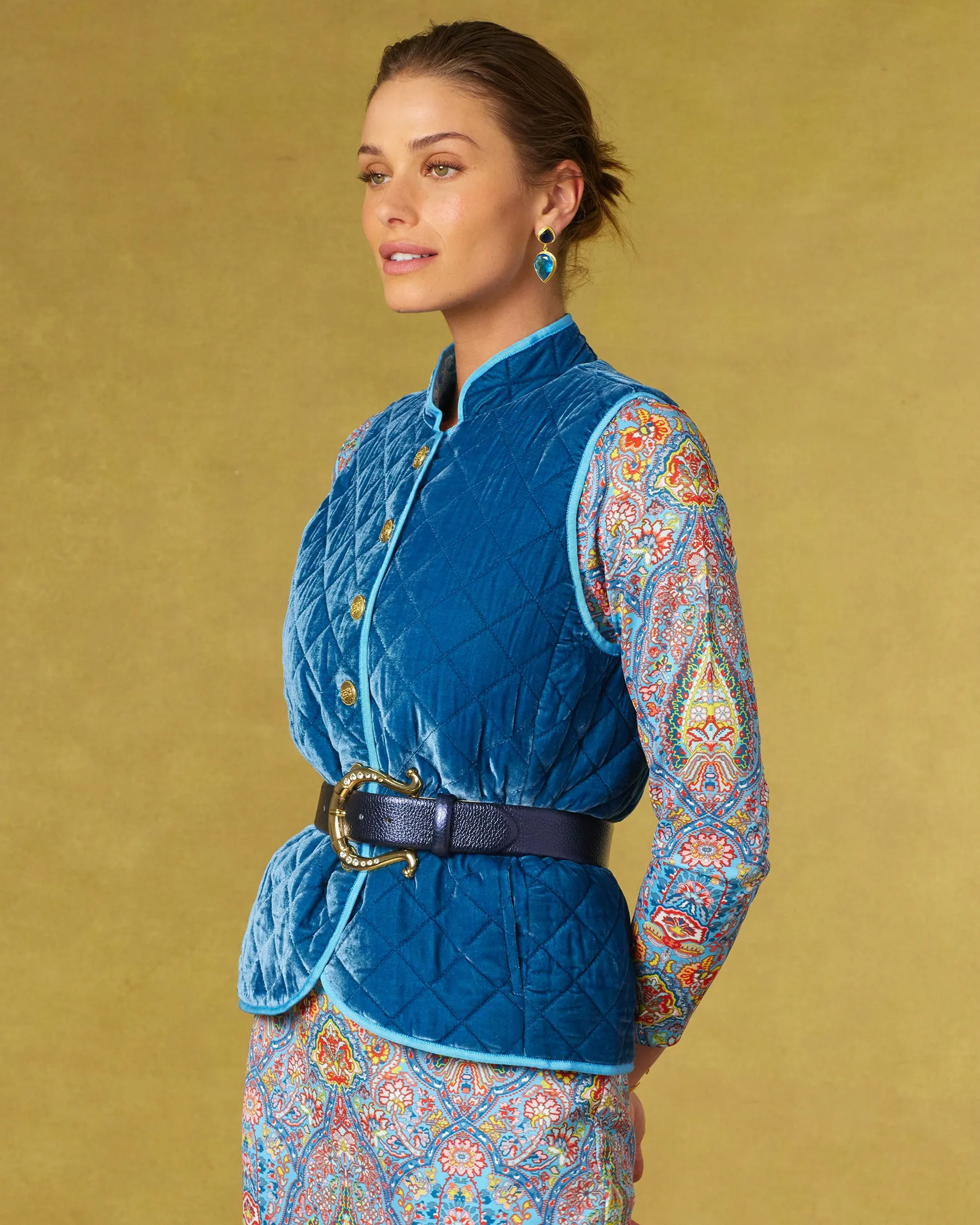 Bentley Quilted Vest in French Blue Silk Blend Velvet