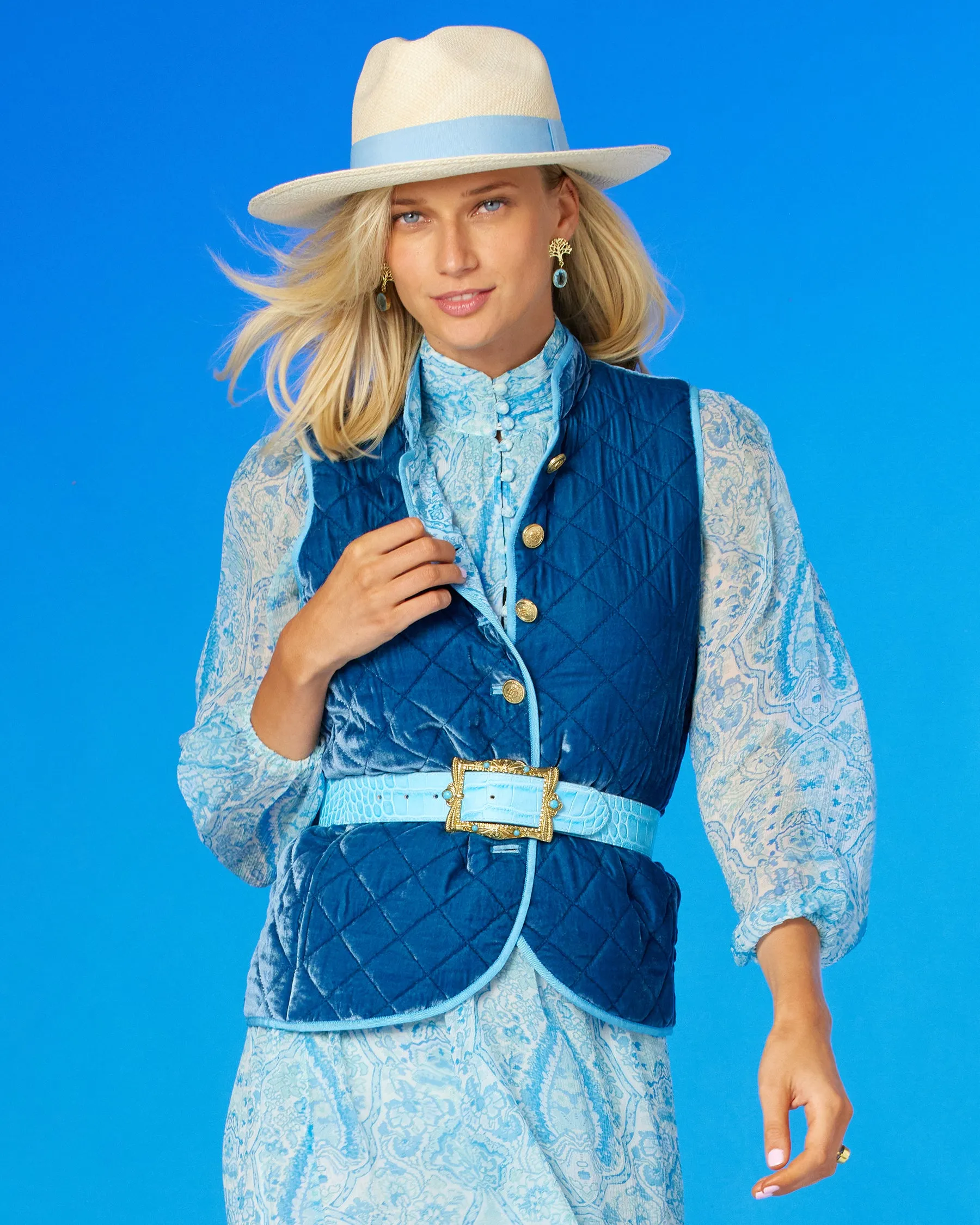 Bentley Quilted Vest in French Blue Silk Blend Velvet