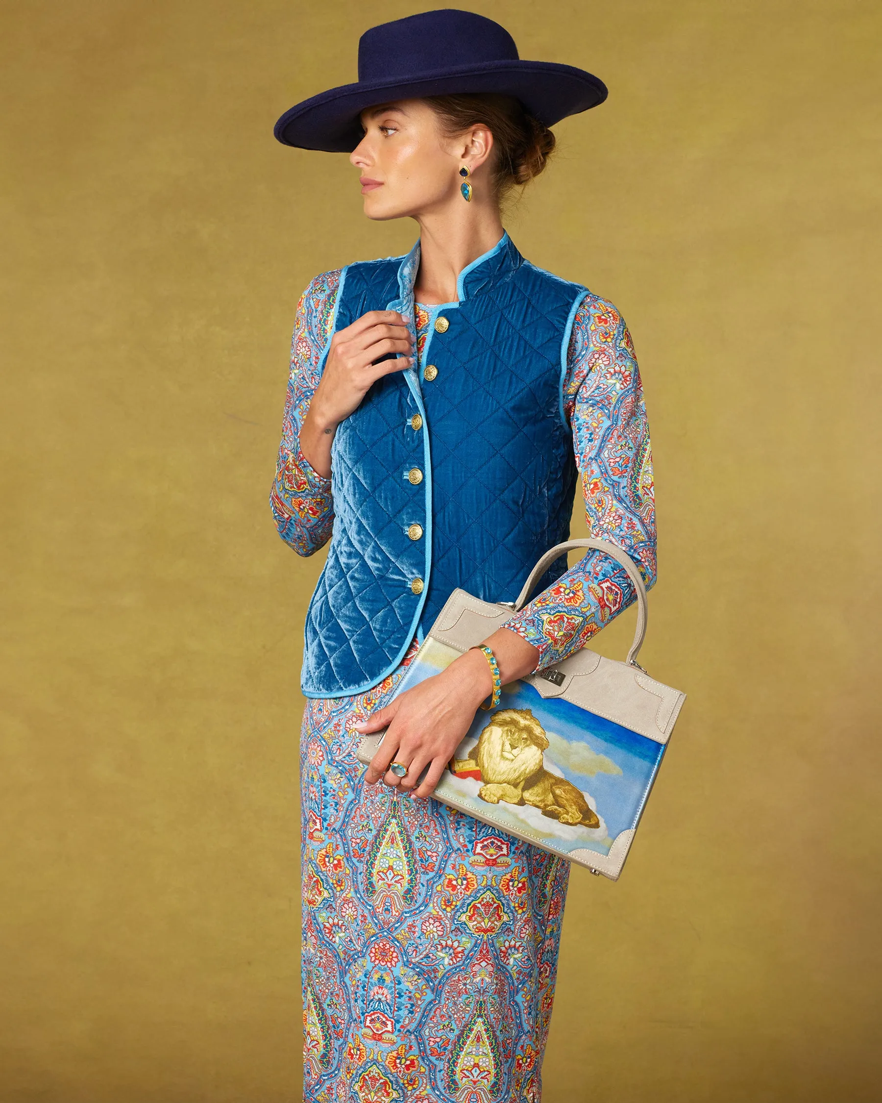 Bentley Quilted Vest in French Blue Silk Blend Velvet