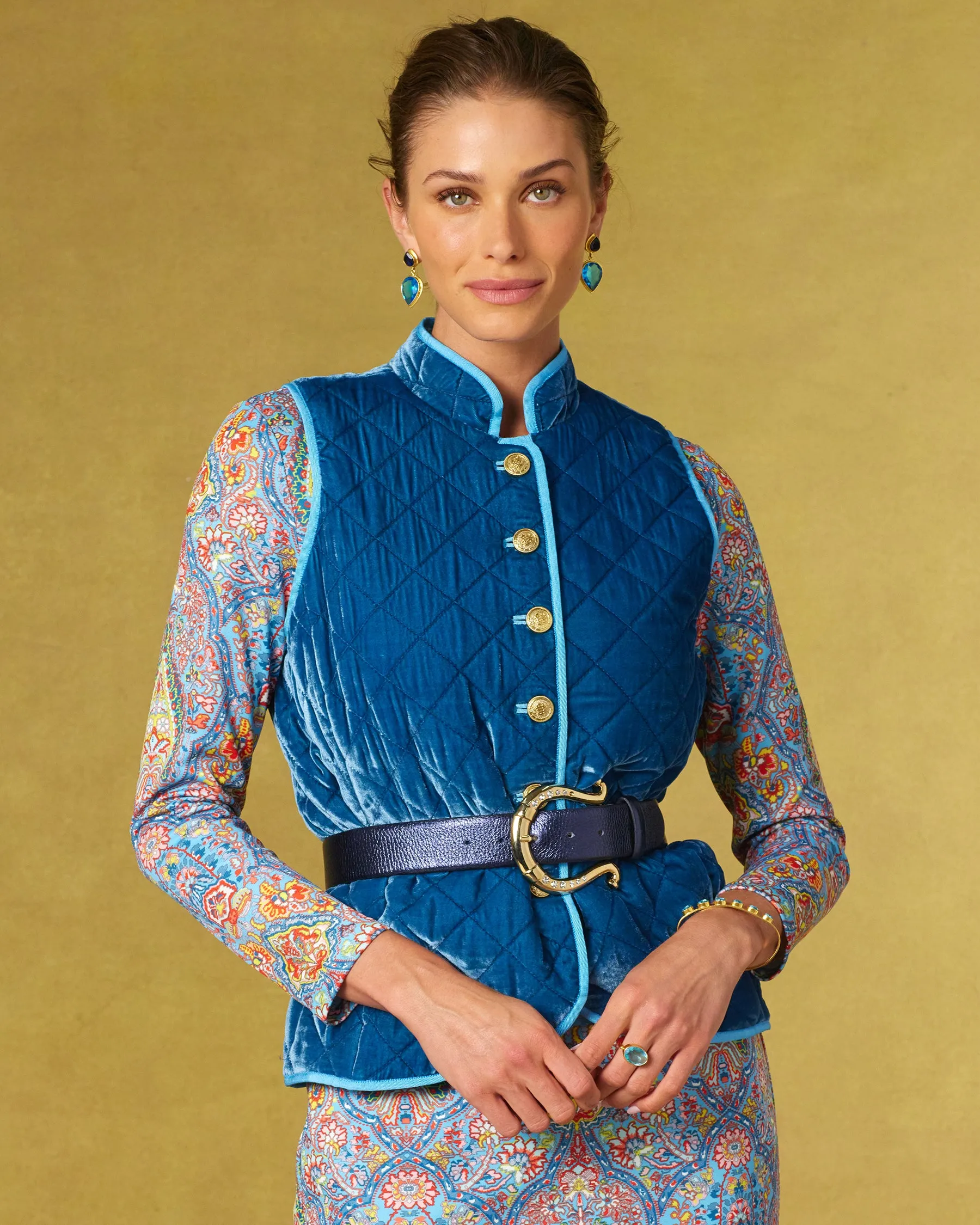 Bentley Quilted Vest in French Blue Silk Blend Velvet