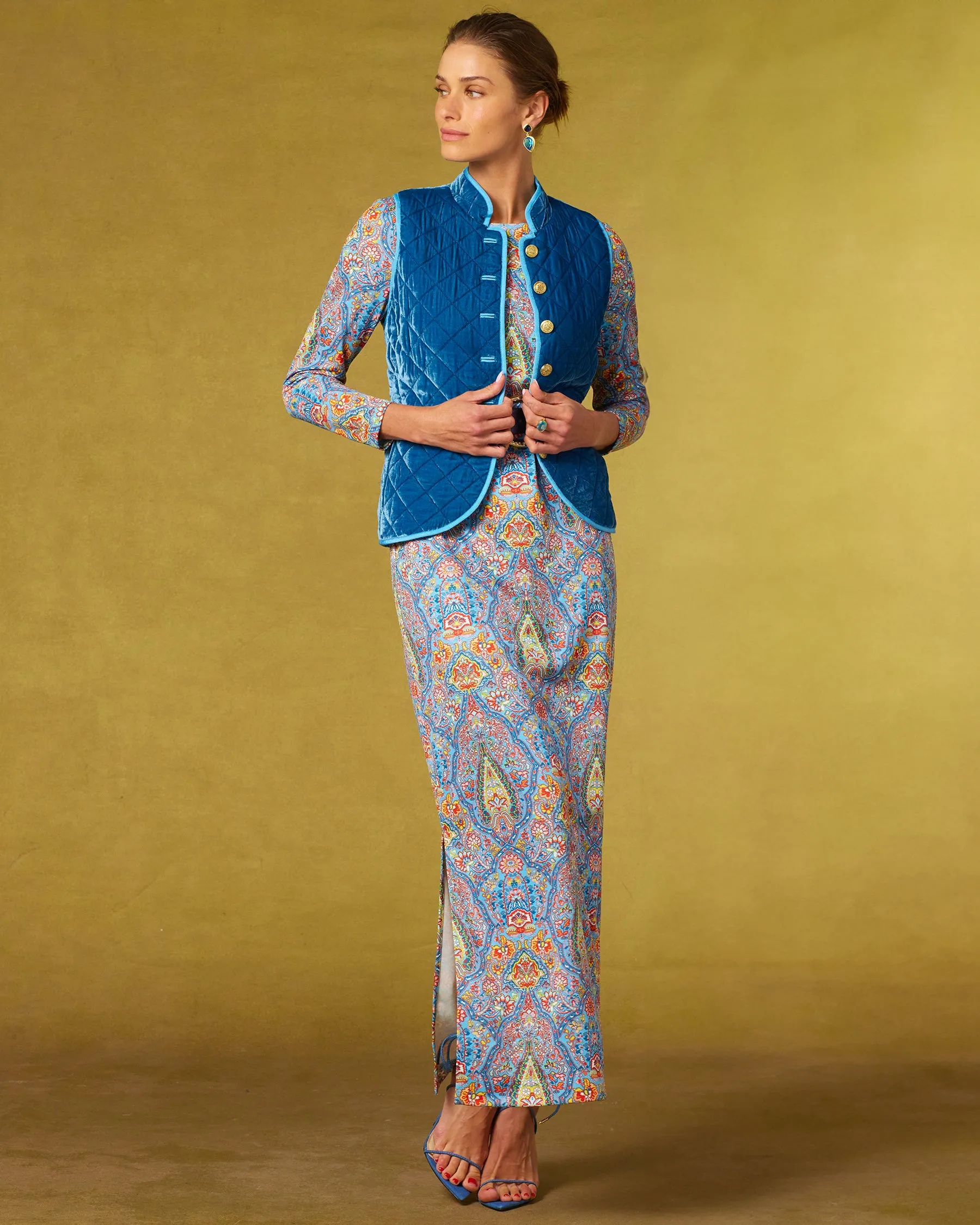 Bentley Quilted Vest in French Blue Silk Blend Velvet