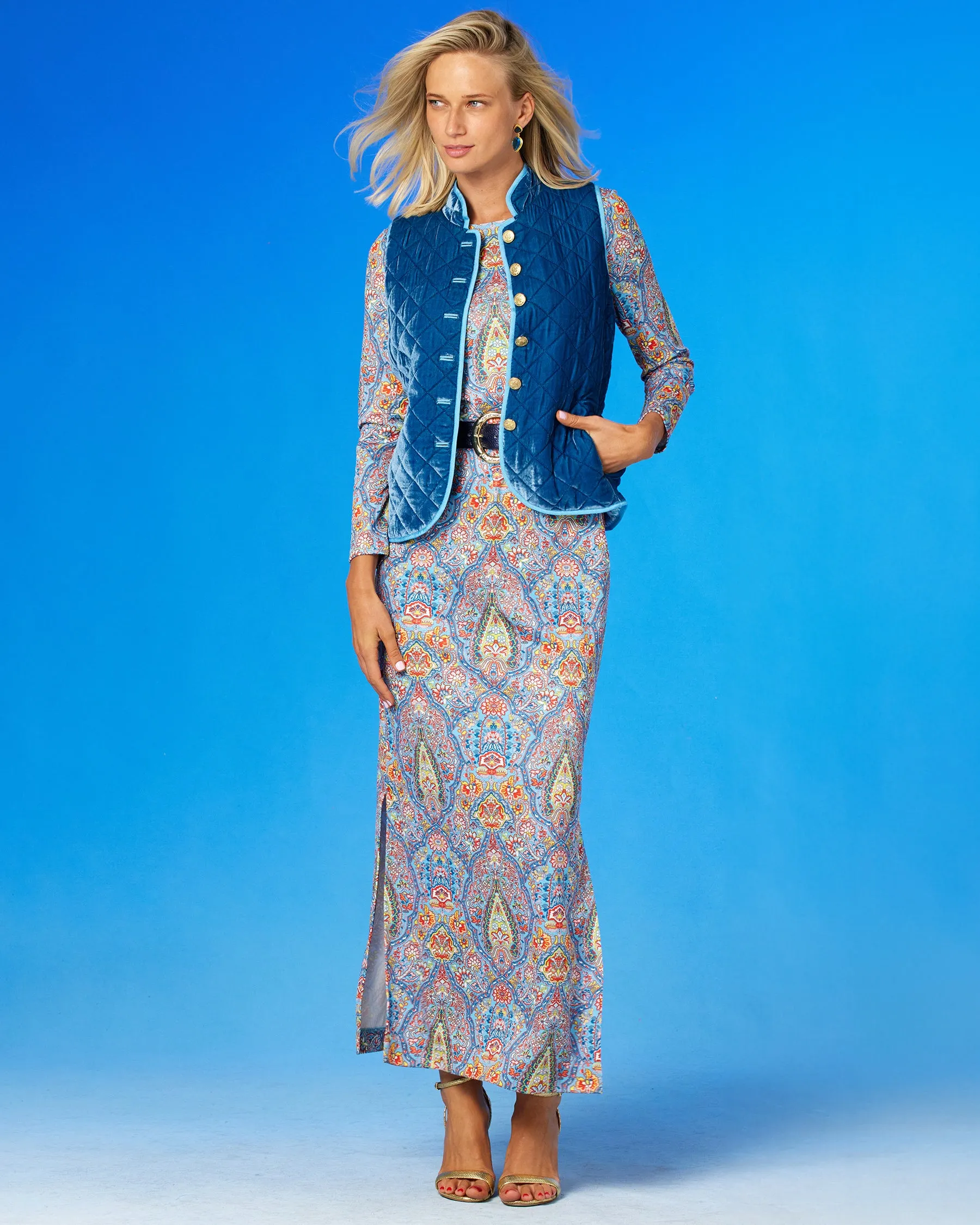 Bentley Quilted Vest in French Blue Silk Blend Velvet