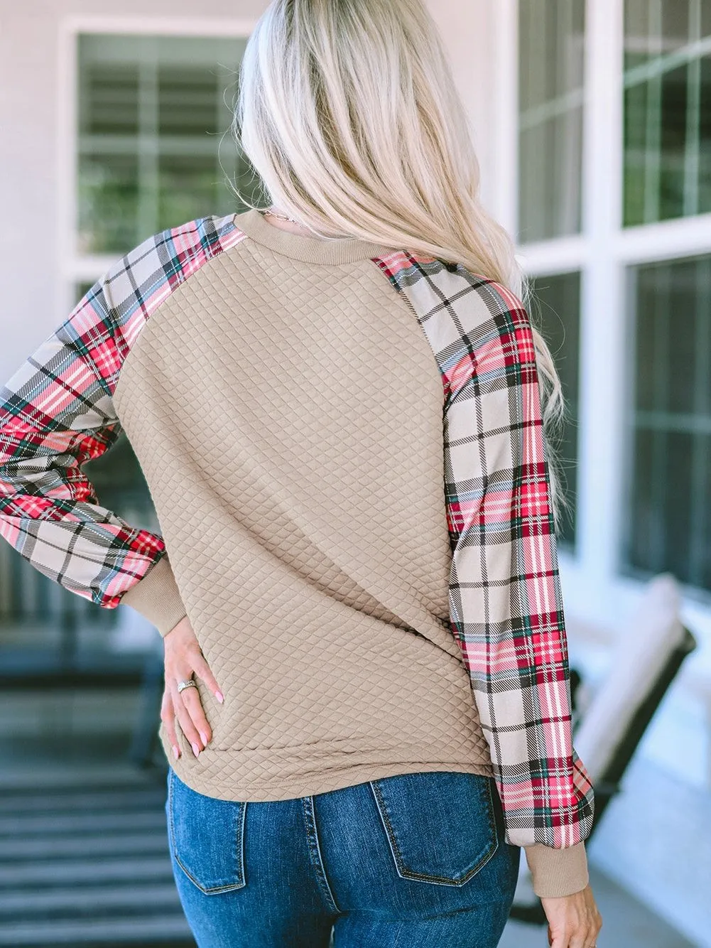 Button Detail Knit Pullover with Plaid Sleeves