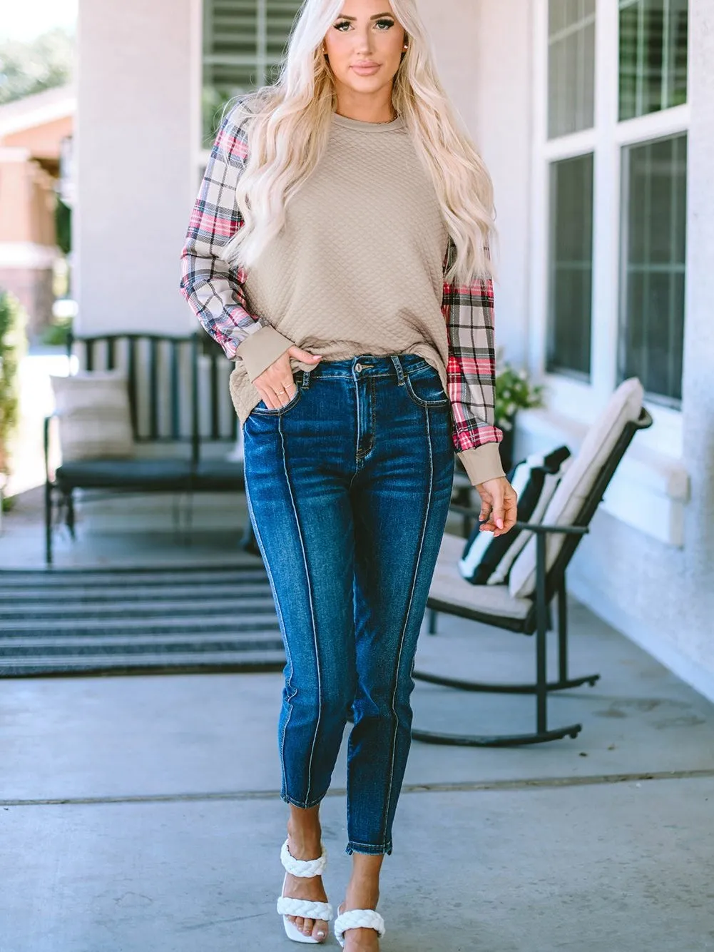 Button Detail Knit Pullover with Plaid Sleeves