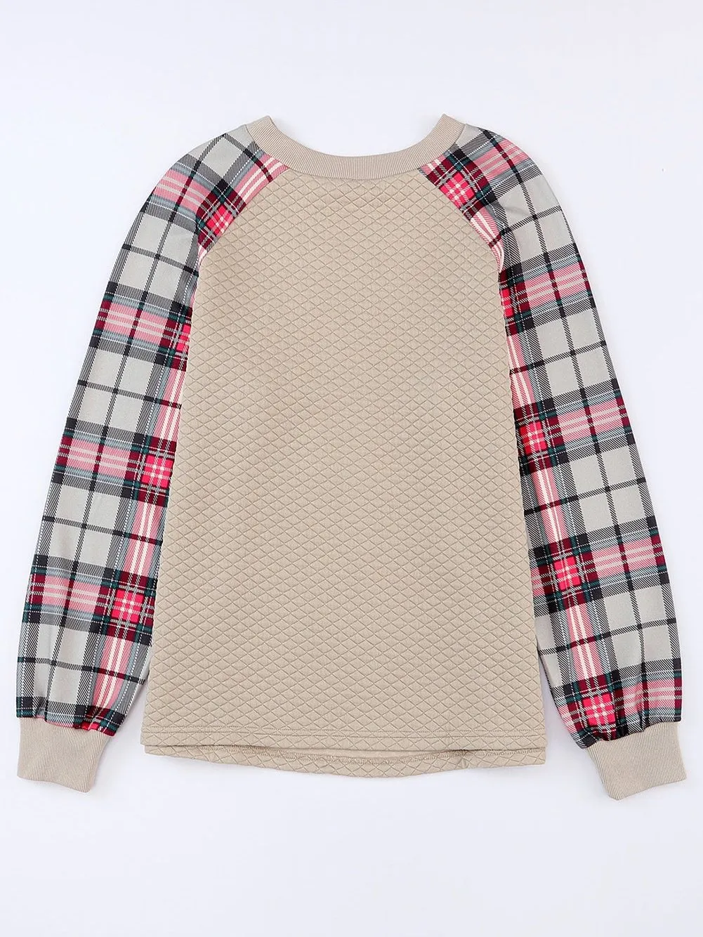 Button Detail Knit Pullover with Plaid Sleeves