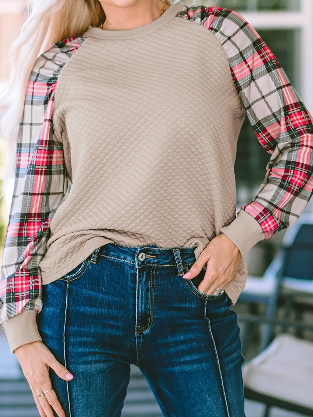 Button Detail Knit Pullover with Plaid Sleeves