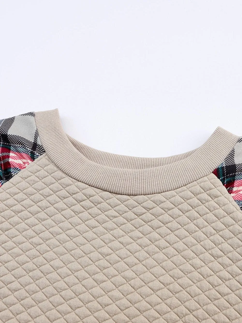 Button Detail Knit Pullover with Plaid Sleeves