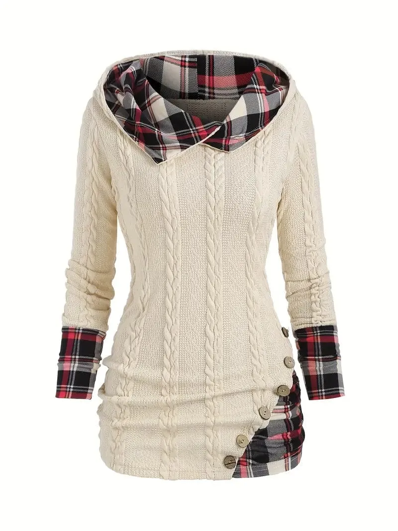 Button Detail Knit Pullover with Plaid Sleeves