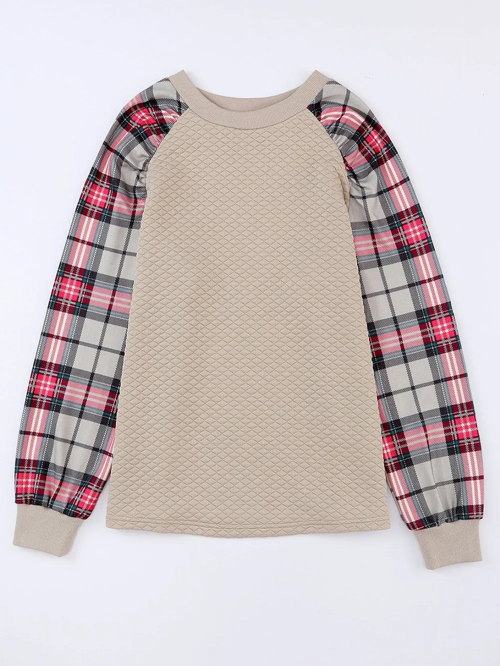 Button Detail Knit Pullover with Plaid Sleeves
