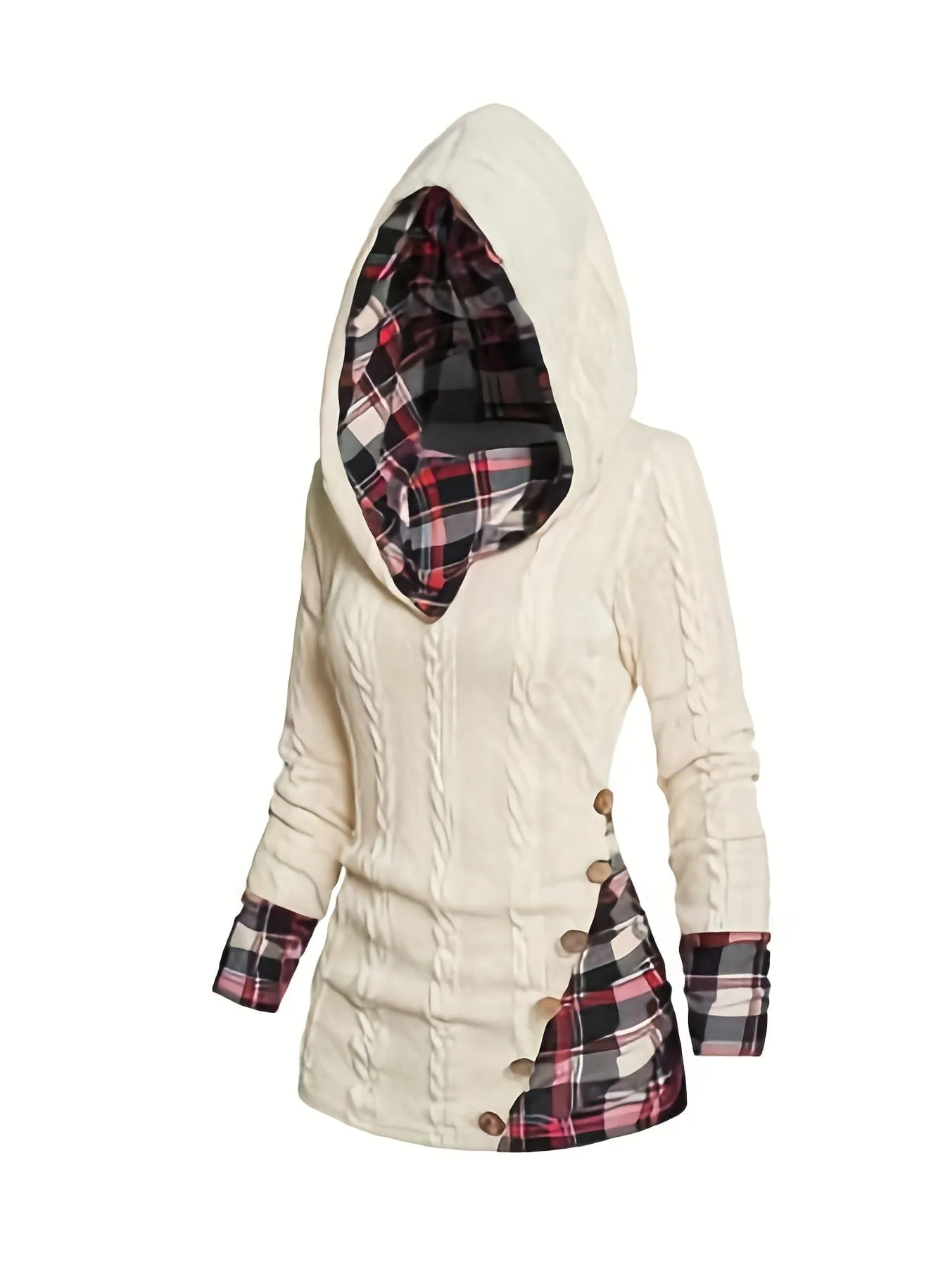 Button Detail Knit Pullover with Plaid Sleeves