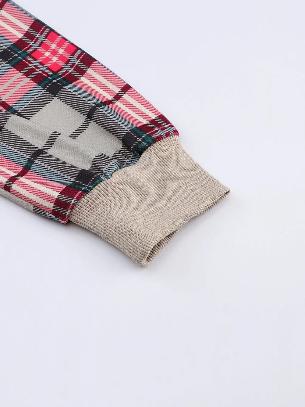 Button Detail Knit Pullover with Plaid Sleeves