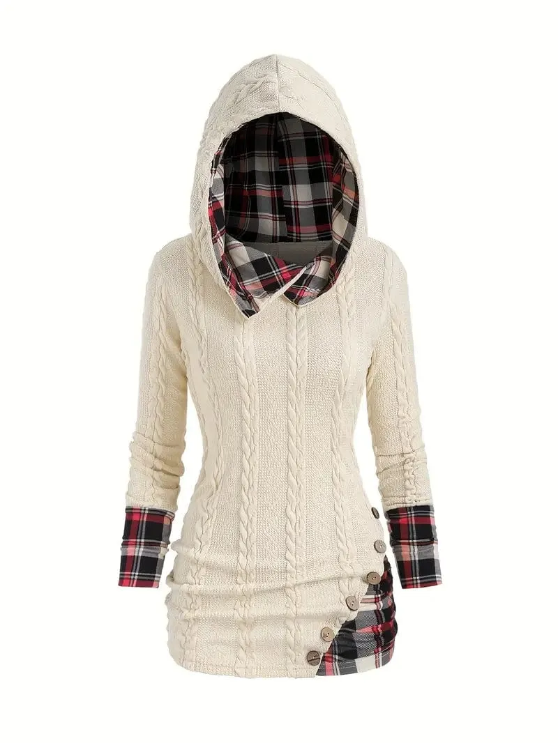 Button Detail Knit Pullover with Plaid Sleeves
