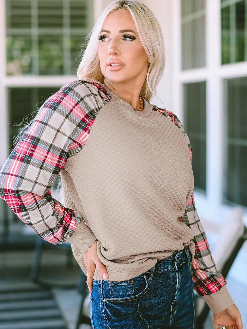 Button Detail Knit Pullover with Plaid Sleeves