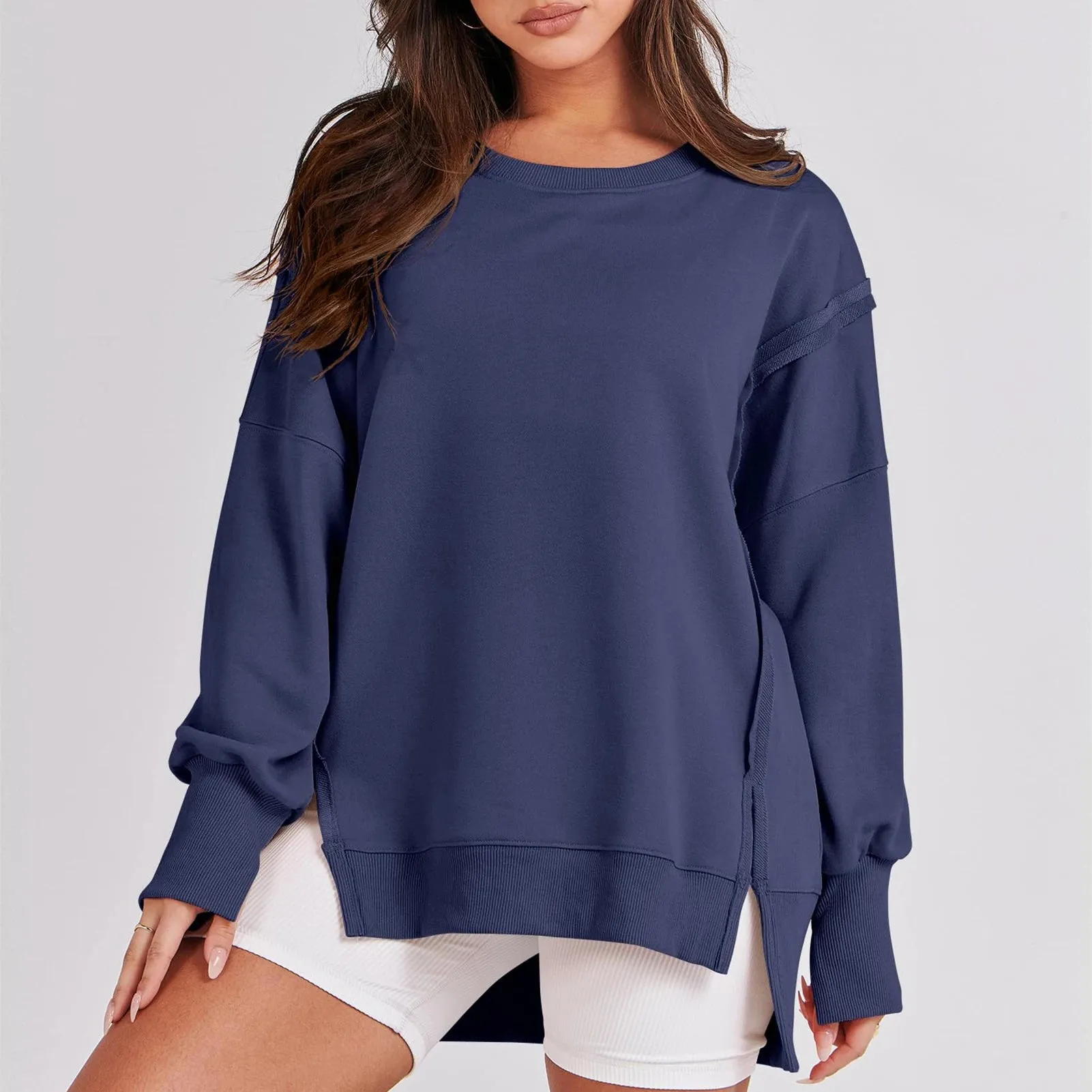 Casual High-low Hem Baggy Sweatshirt-Side Slits
