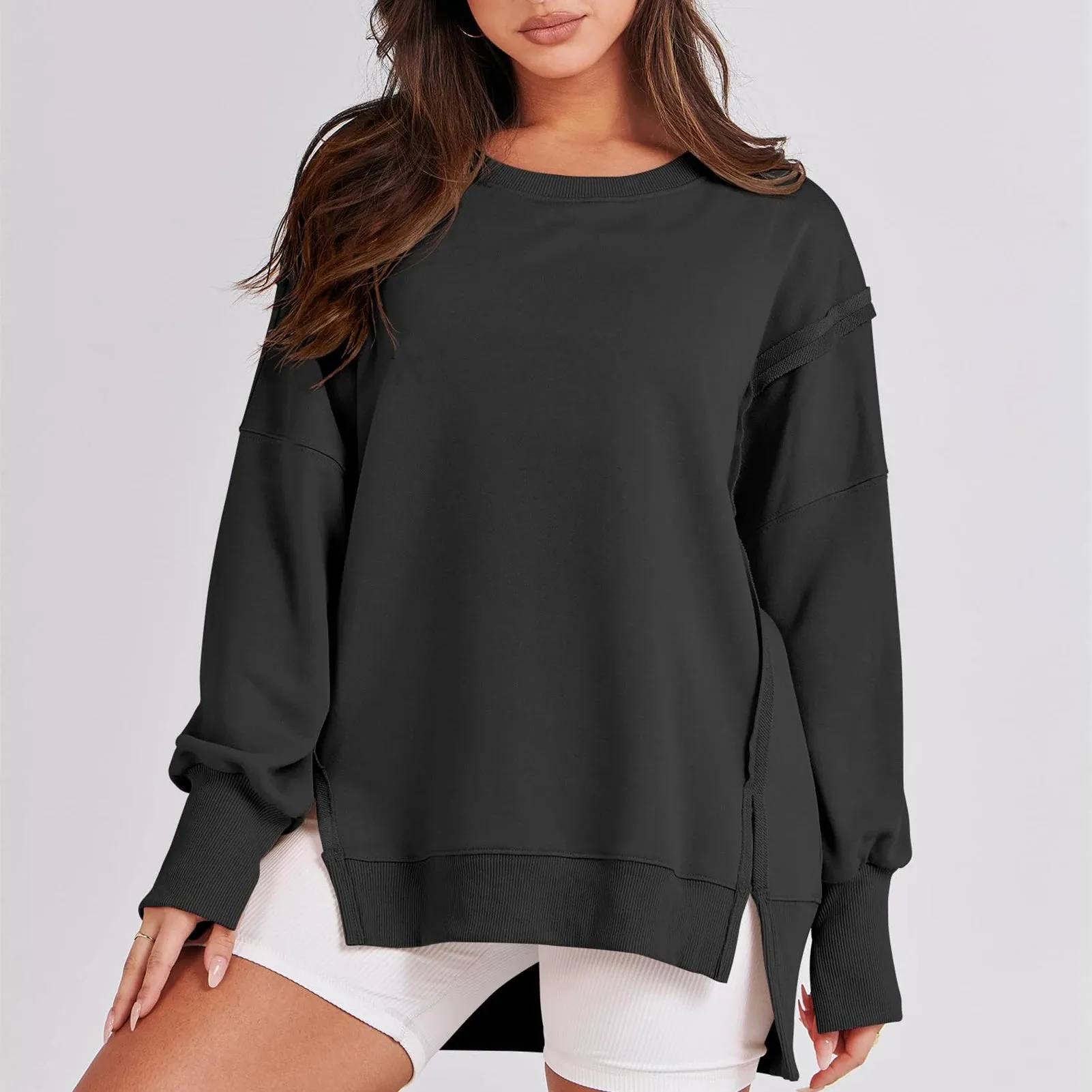 Casual High-low Hem Baggy Sweatshirt-Side Slits