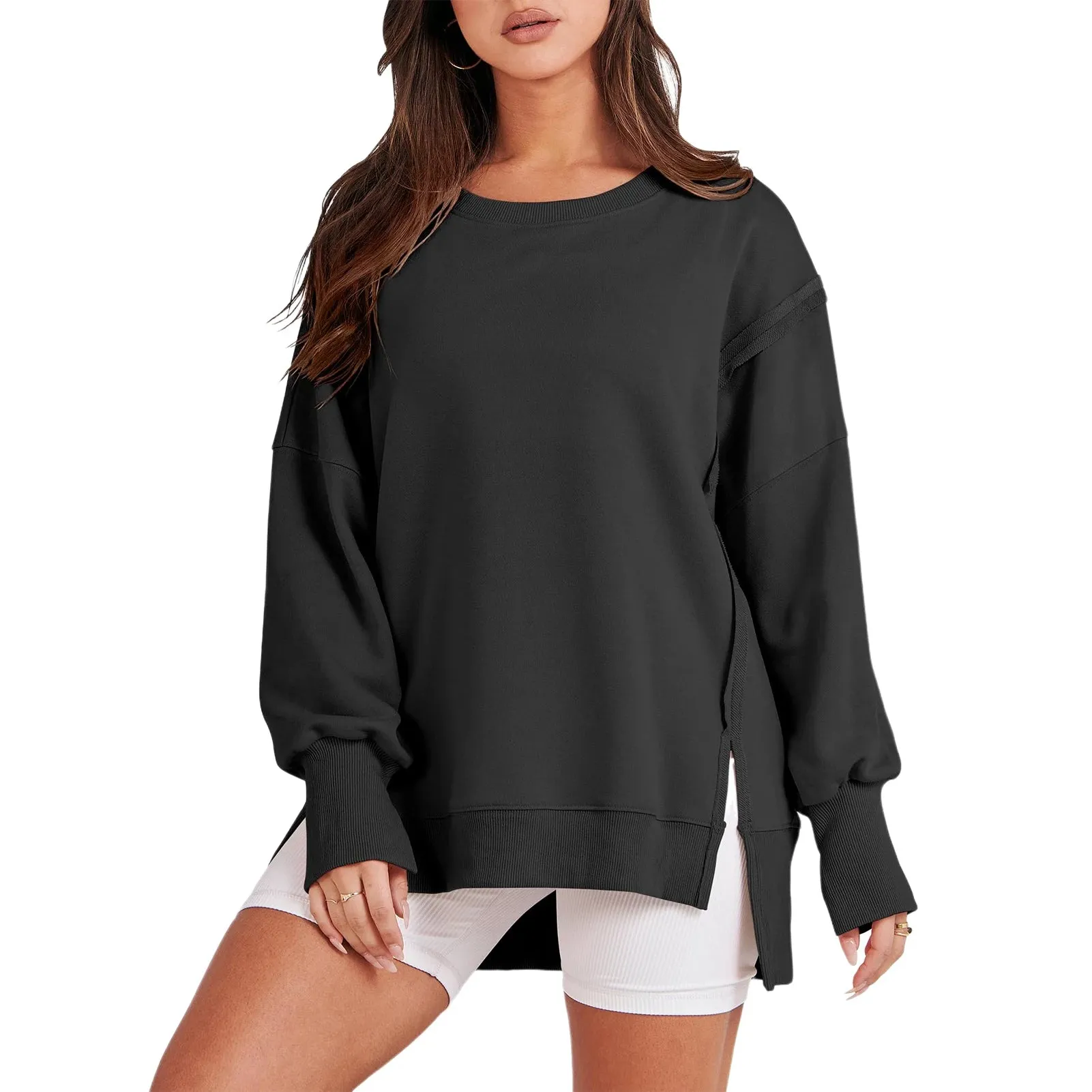 Casual High-low Hem Baggy Sweatshirt-Side Slits