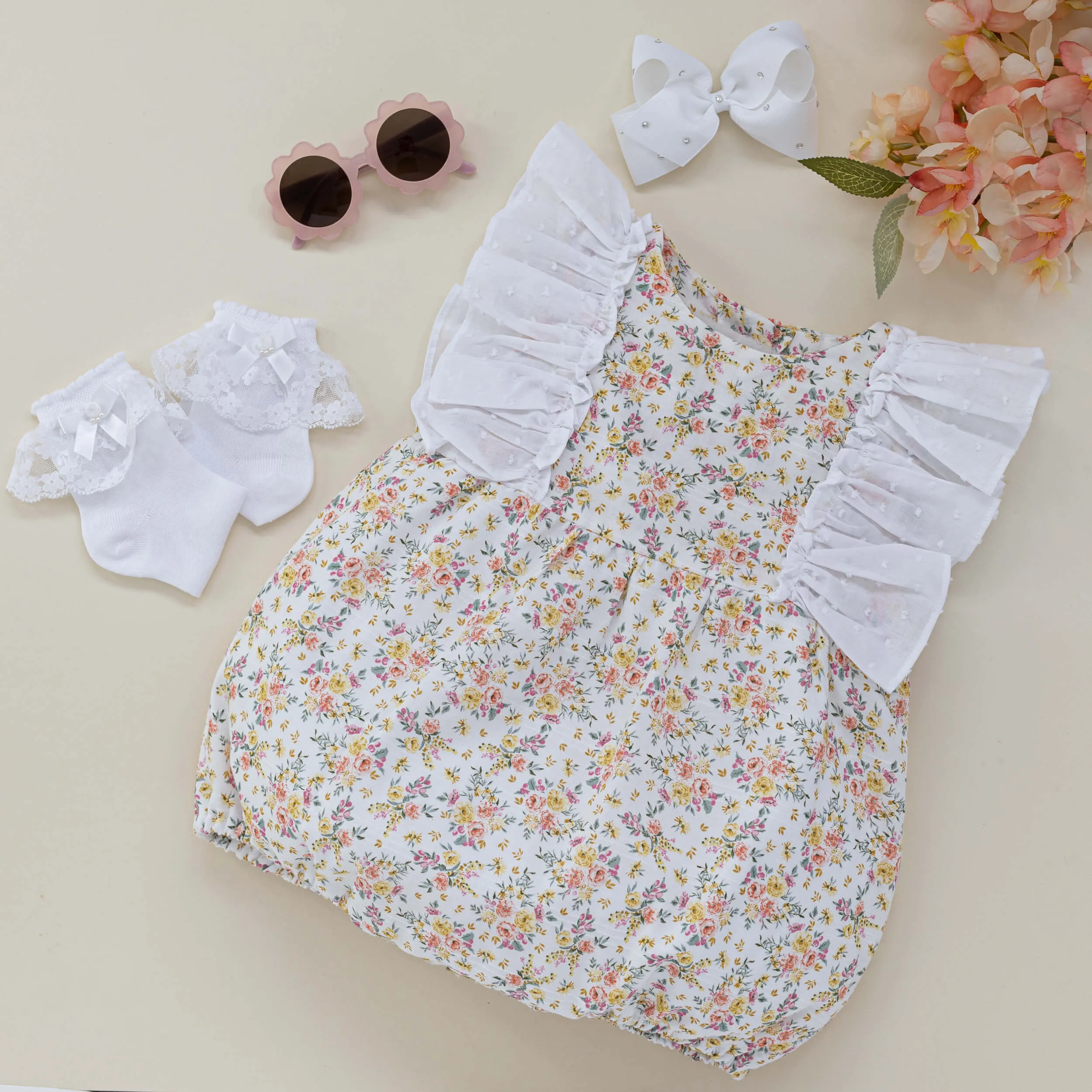 'Fleur' Frill Romper - Lemon (6M, 3Y)