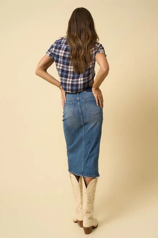 Front Slit Denim Midi Skirt