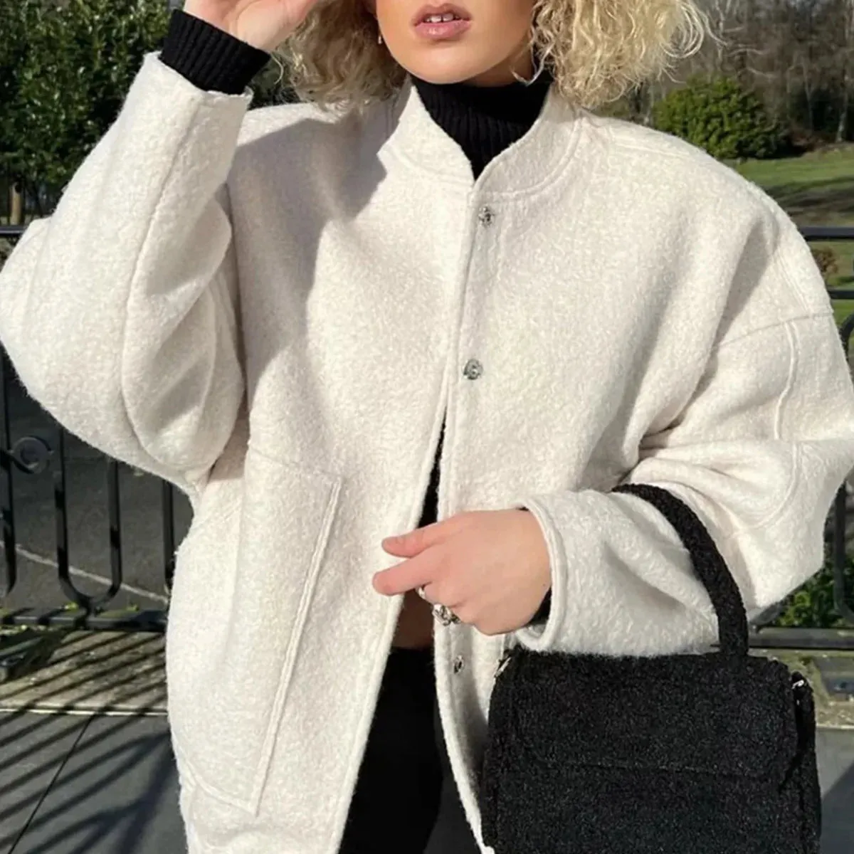 Loose Oversized Bomber Round Neck Long Sleeve Casual Coat
