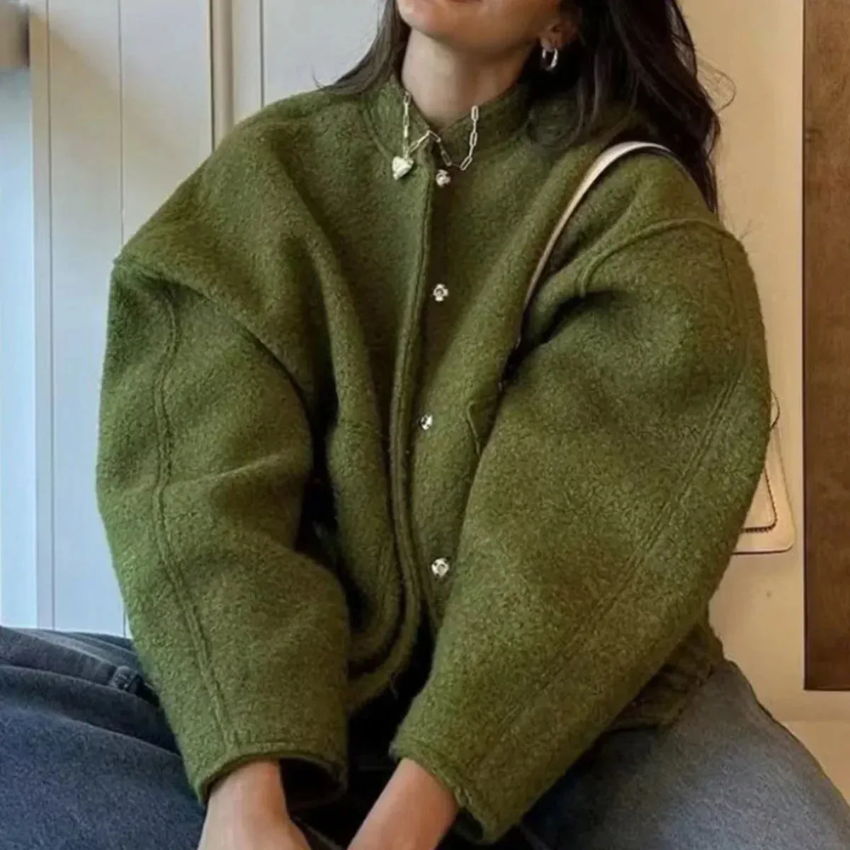 Loose Oversized Bomber Round Neck Long Sleeve Casual Coat