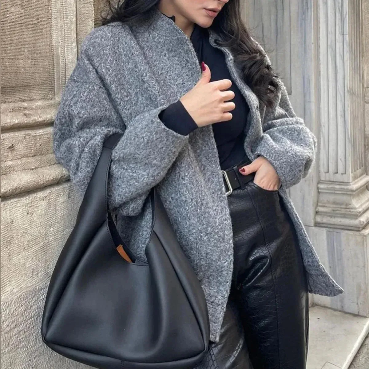 Loose Oversized Bomber Round Neck Long Sleeve Casual Coat