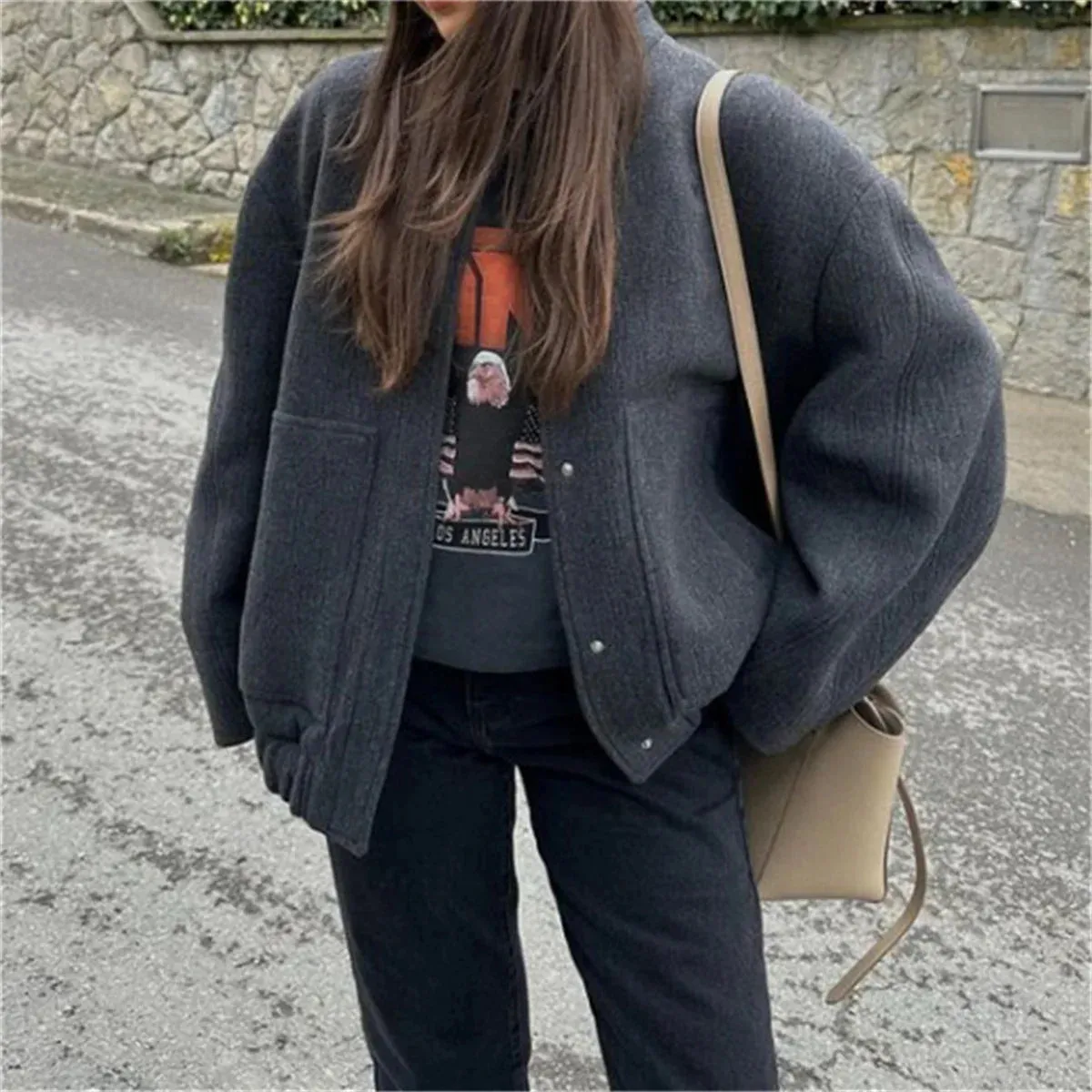 Loose Oversized Bomber Round Neck Long Sleeve Casual Coat