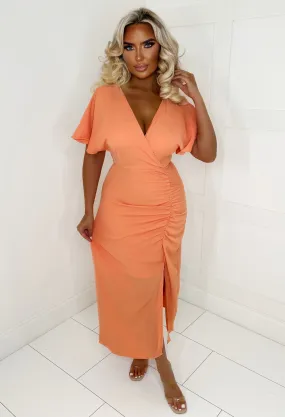 Love Me Forever Coral Ruched Midi Dress