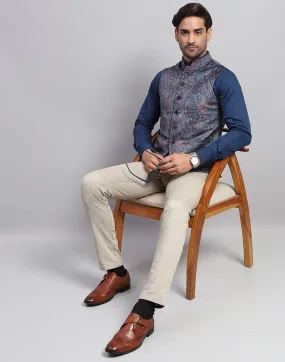 Men Multicolor Floral Print Band Collar Sleeveless Nehru Jacket
