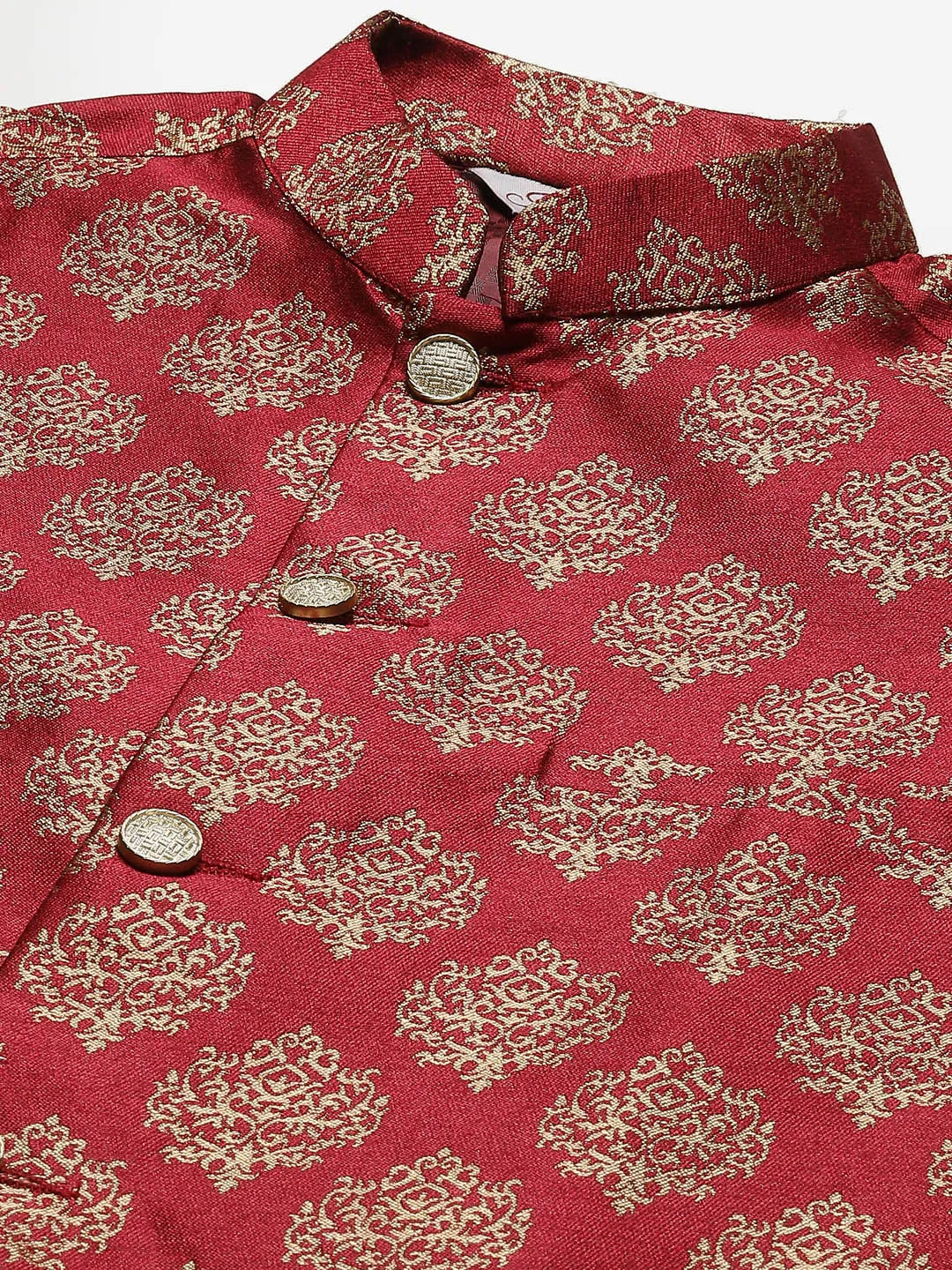 Men'S Solid Kurta Pyjama With Floral Maroon Printed Nehru Jacket