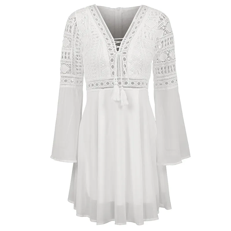 Mini V Neck Hollow Out Chiffon  Criss Cross Plunge Long Sleeve Crochet White Lace Dress